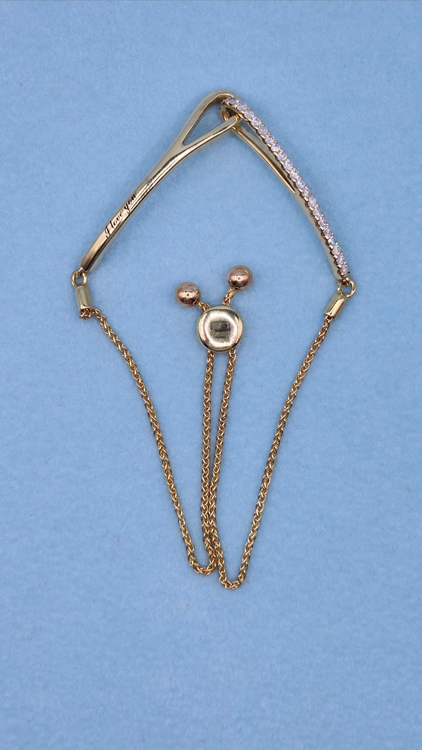 Rare 10k Yellow Gold Love + Be Loved Loop Bolo Bracelet with 1/4 Carat t.w. Diamonds and "I Love You" Engraving, Adjustable to 9.5 Inches