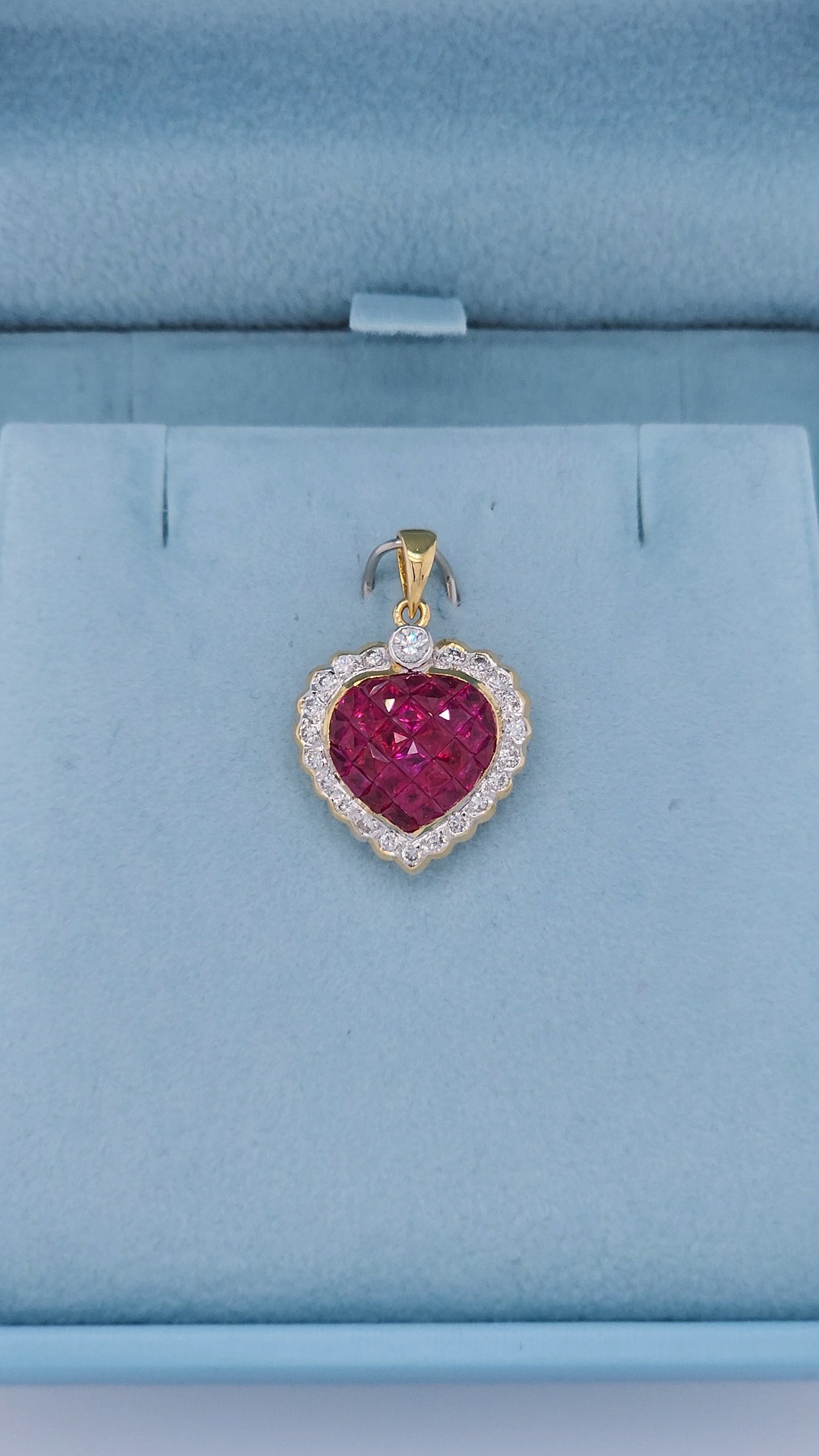 18k Yellow Gold Puffed Heart Pendant with Invisible-Set Rubies and Diamond Halo, 5/8 Carat t.w. Rubies & 1/4 Carat Diamonds