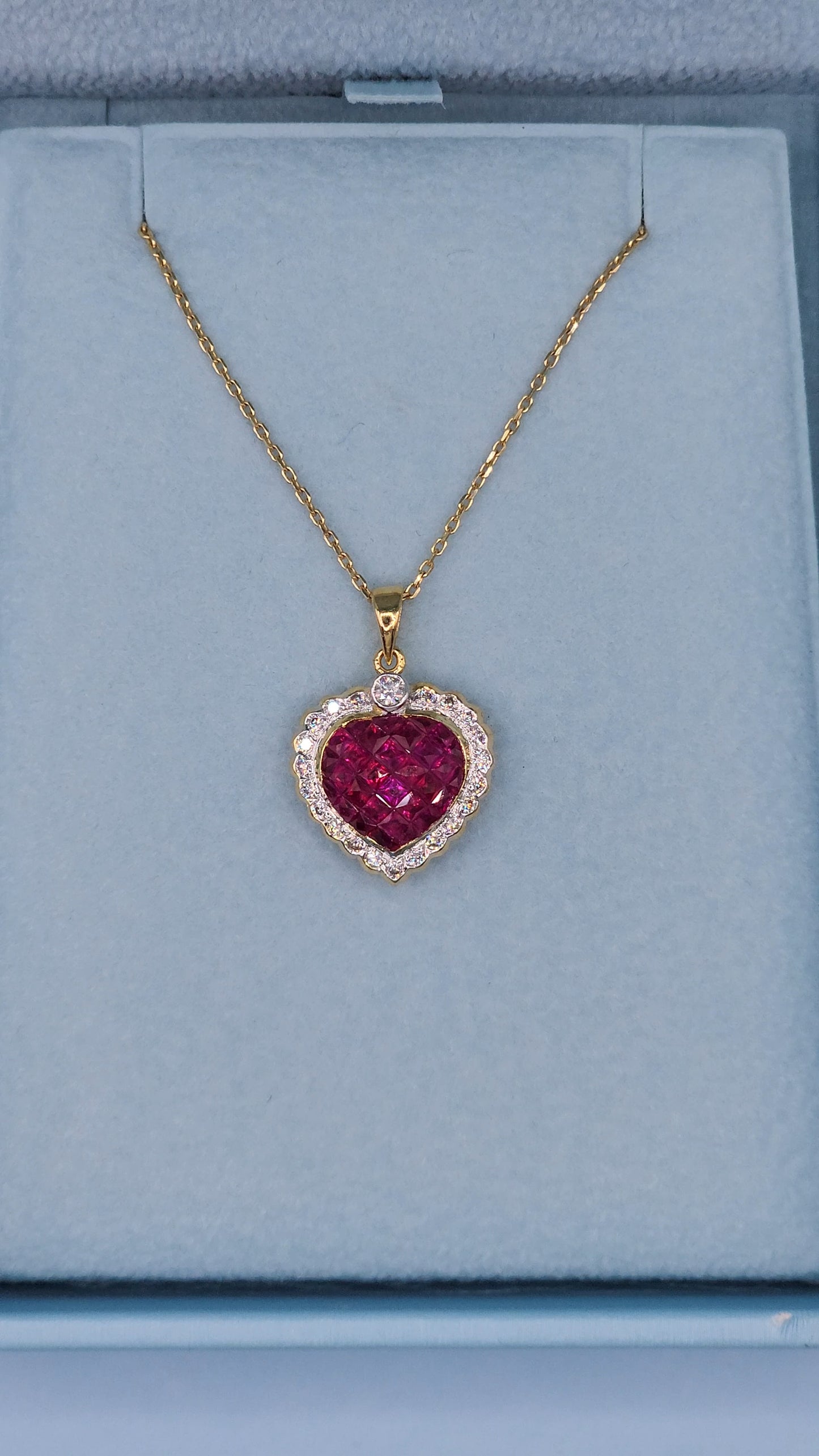 18k Yellow Gold Puffed Heart Pendant with Invisible-Set Rubies and Diamond Halo, 5/8 Carat t.w. Rubies & 1/4 Carat Diamonds