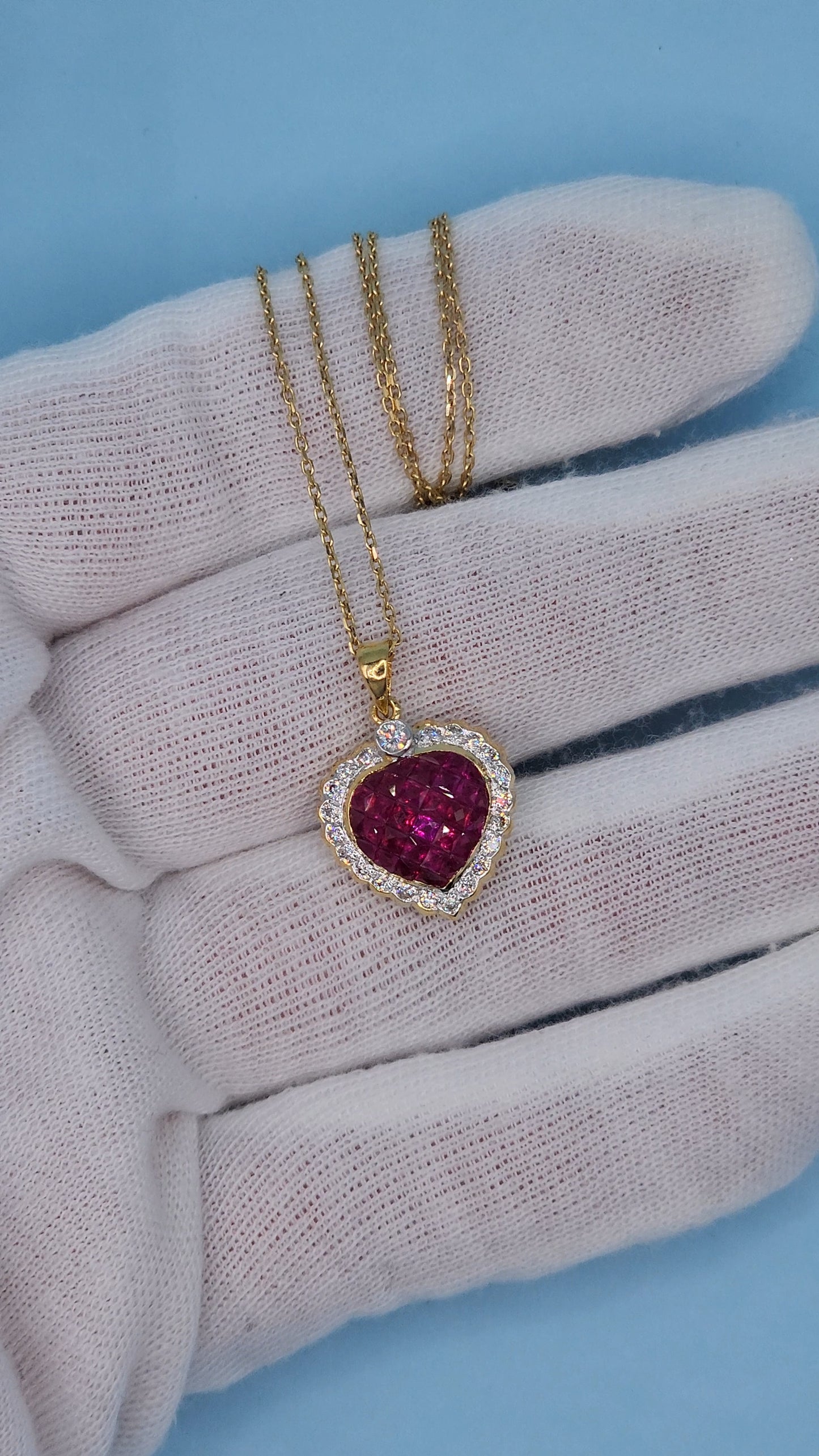 18k Yellow Gold Puffed Heart Pendant with Invisible-Set Rubies and Diamond Halo, 5/8 Carat t.w. Rubies & 1/4 Carat Diamonds