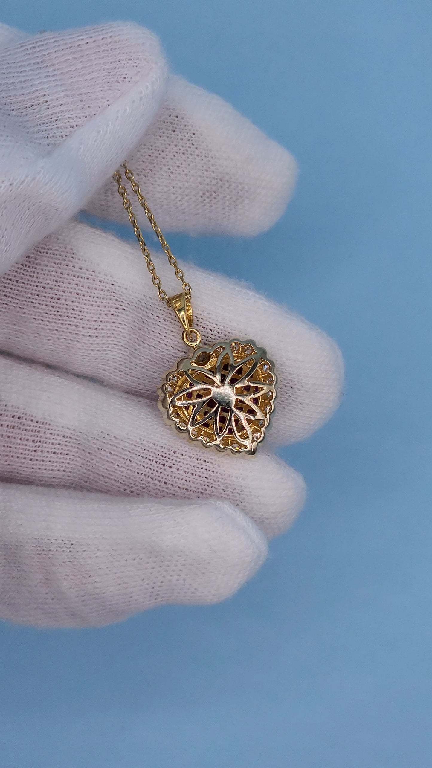 18k Yellow Gold Puffed Heart Pendant with Invisible-Set Rubies and Diamond Halo, 5/8 Carat t.w. Rubies & 1/4 Carat Diamonds