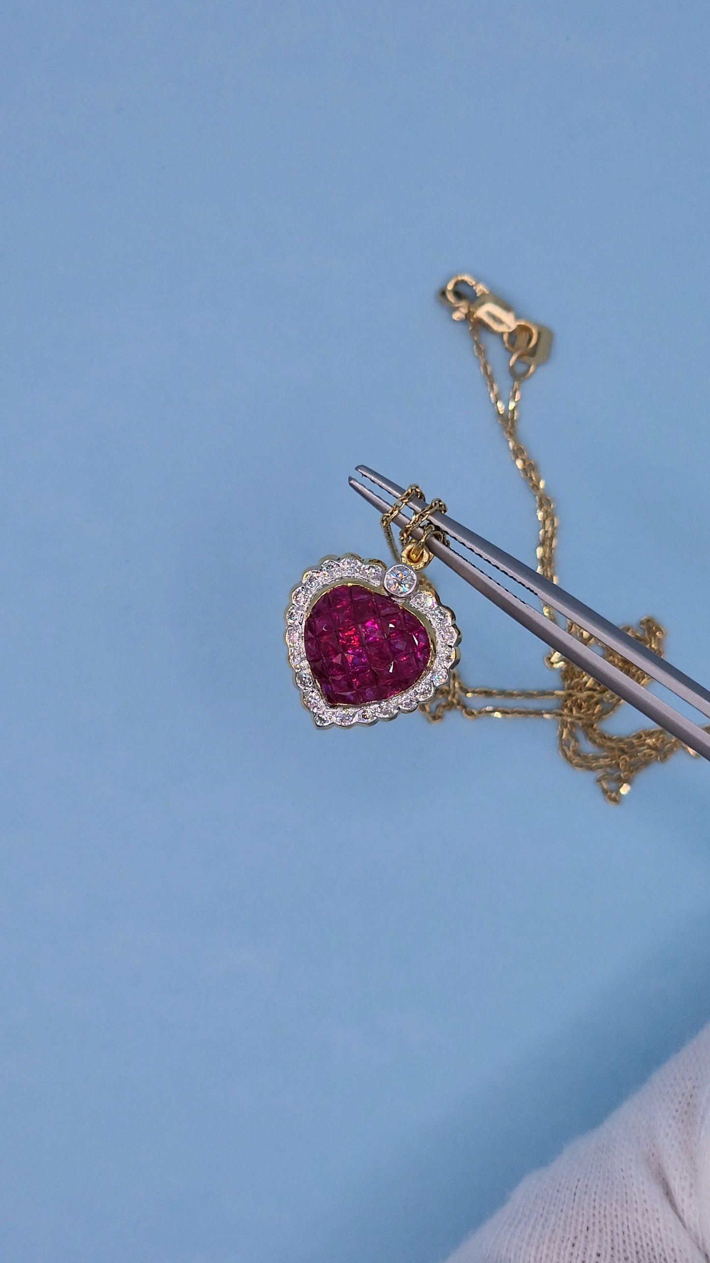 18k Yellow Gold Puffed Heart Pendant with Invisible-Set Rubies and Diamond Halo, 5/8 Carat t.w. Rubies & 1/4 Carat Diamonds