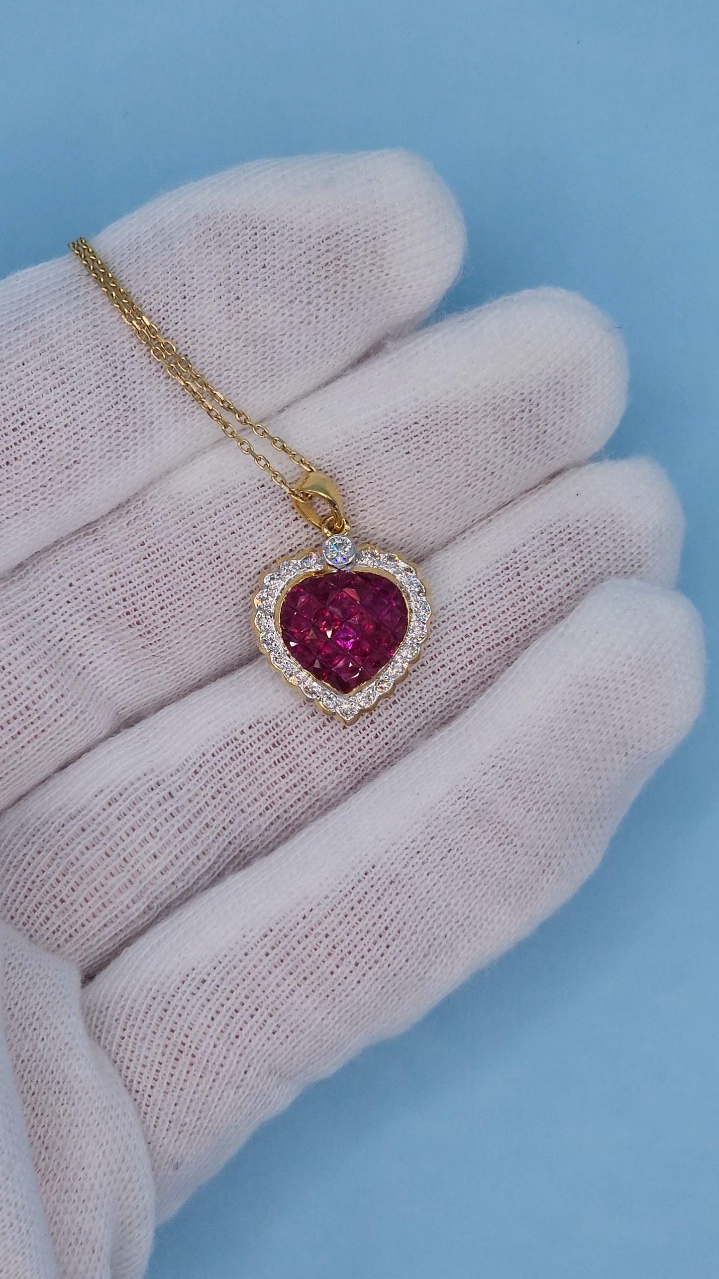 18k Yellow Gold Puffed Heart Pendant with Invisible-Set Rubies and Diamond Halo, 5/8 Carat t.w. Rubies & 1/4 Carat Diamonds