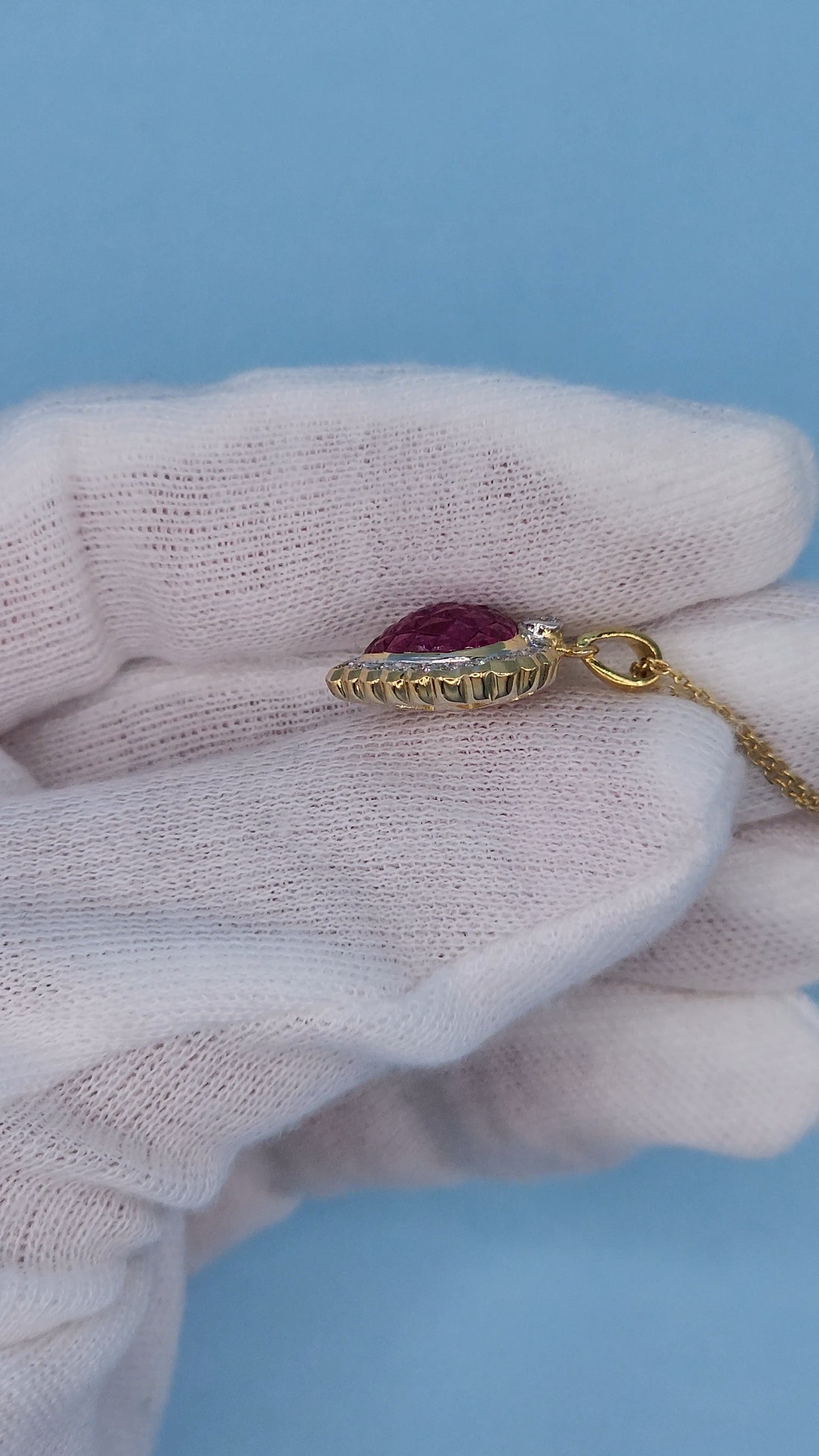 18k Yellow Gold Puffed Heart Pendant with Invisible-Set Rubies and Diamond Halo, 5/8 Carat t.w. Rubies & 1/4 Carat Diamonds