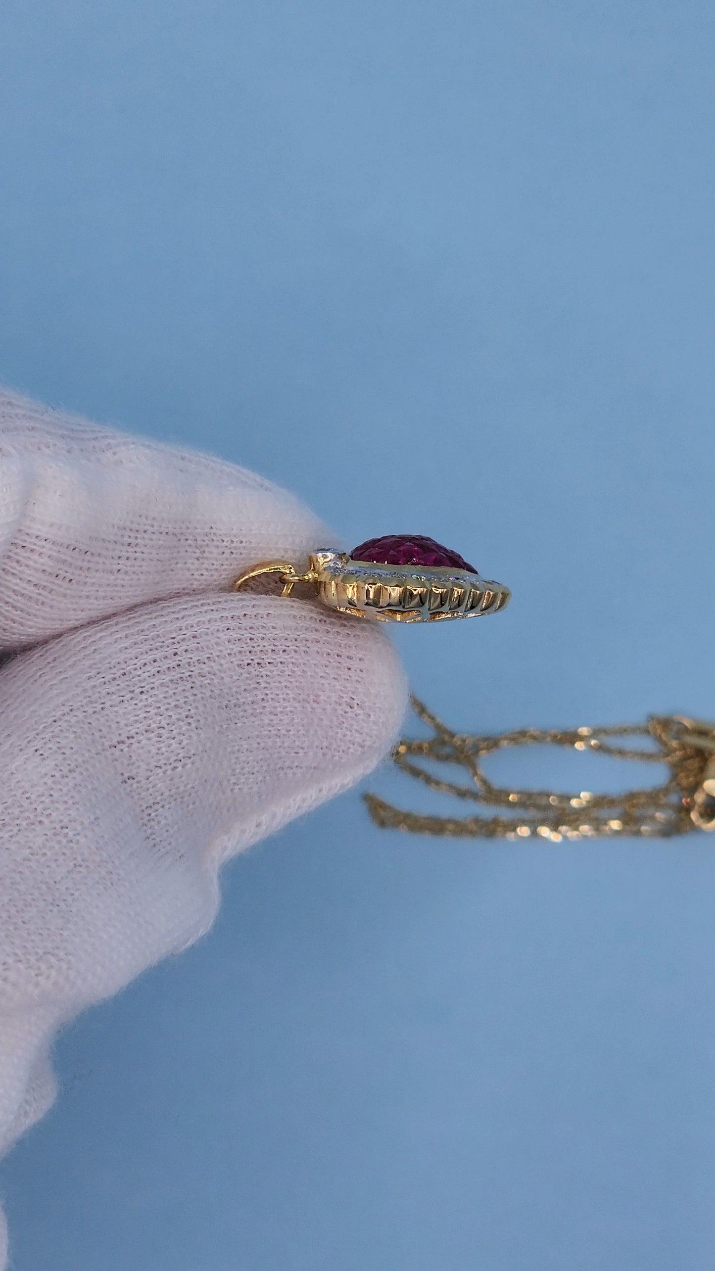 18k Yellow Gold Puffed Heart Pendant with Invisible-Set Rubies and Diamond Halo, 5/8 Carat t.w. Rubies & 1/4 Carat Diamonds