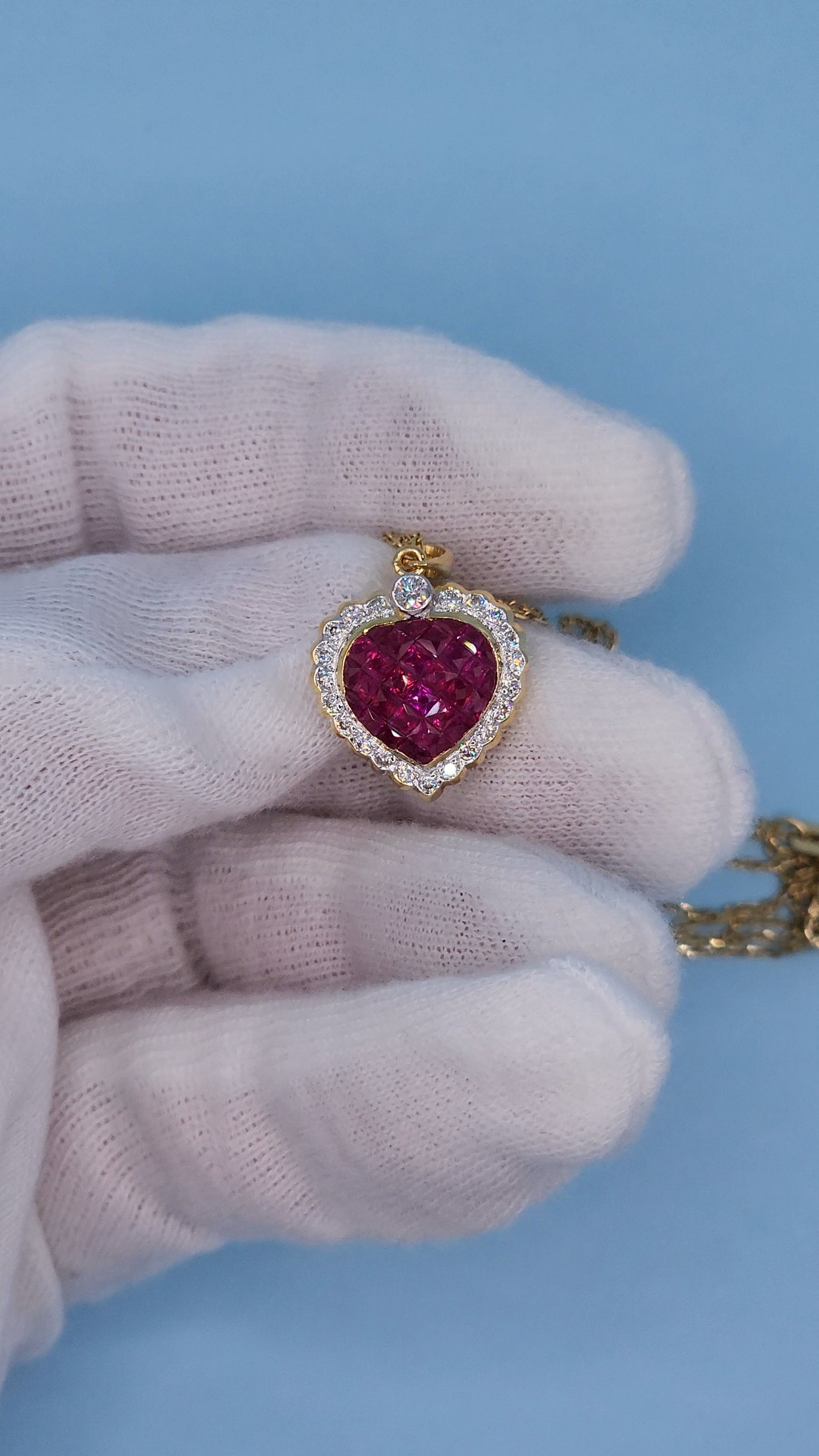 18k Yellow Gold Puffed Heart Pendant with Invisible-Set Rubies and Diamond Halo, 5/8 Carat t.w. Rubies & 1/4 Carat Diamonds