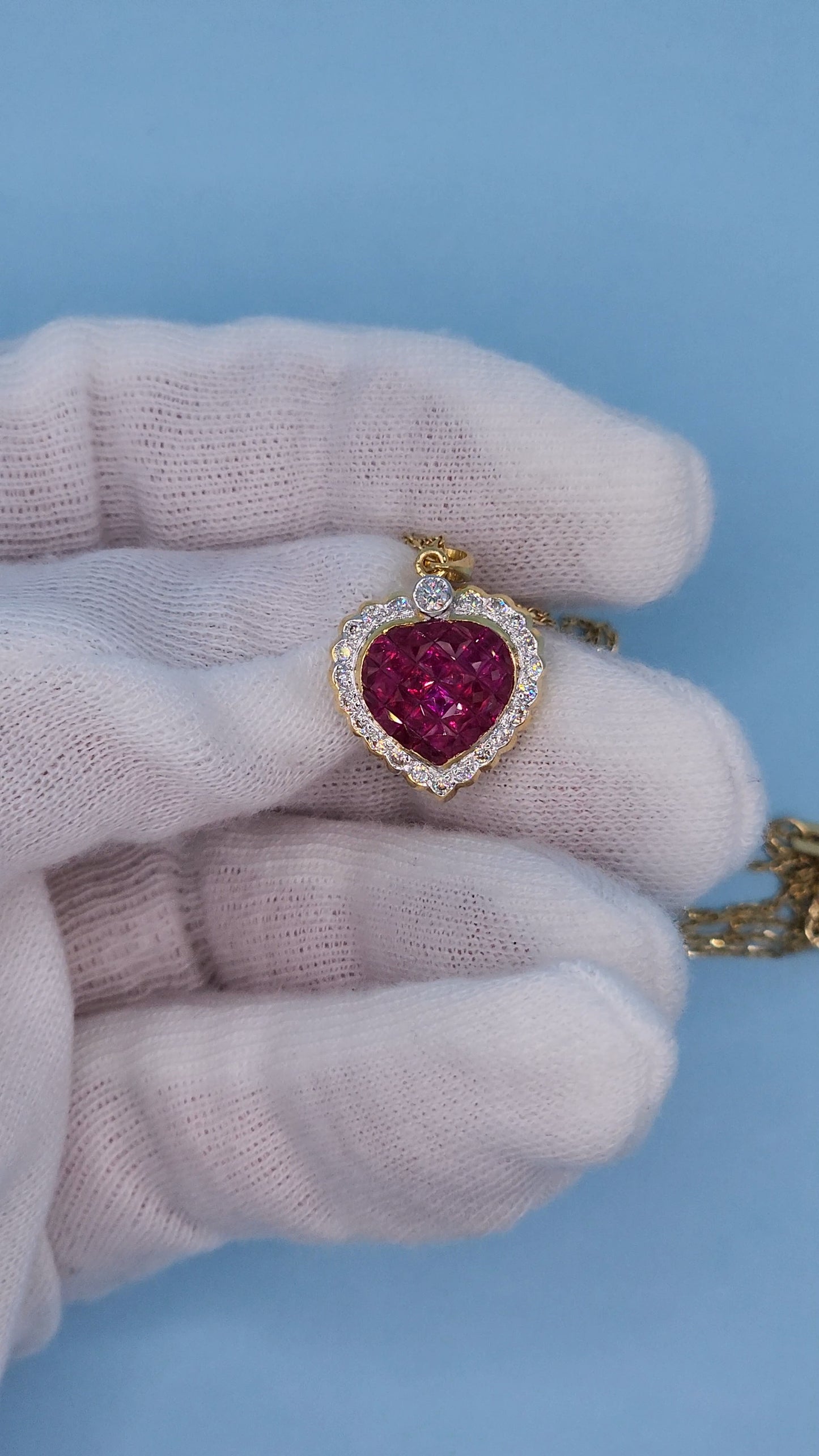 18k Yellow Gold Puffed Heart Pendant with Invisible-Set Rubies and Diamond Halo, 5/8 Carat t.w. Rubies & 1/4 Carat Diamonds