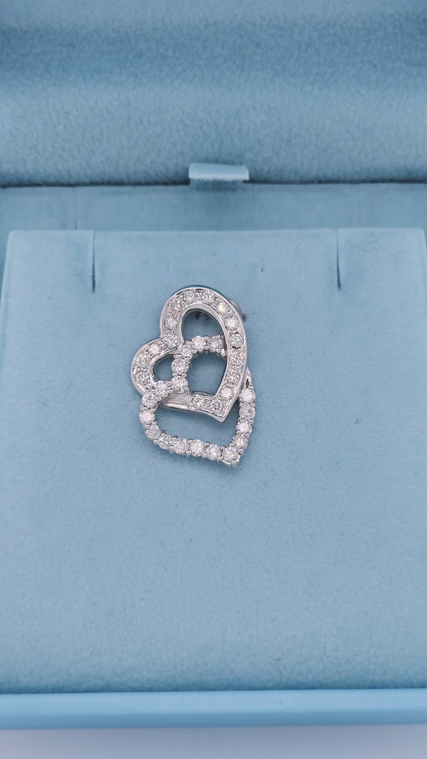 14k White Gold Double Open Interlocked Heart Pendant with Hidden Bail & 1 Carat t.w. Diamonds on 18" Diamond-Cut Cable Chain
