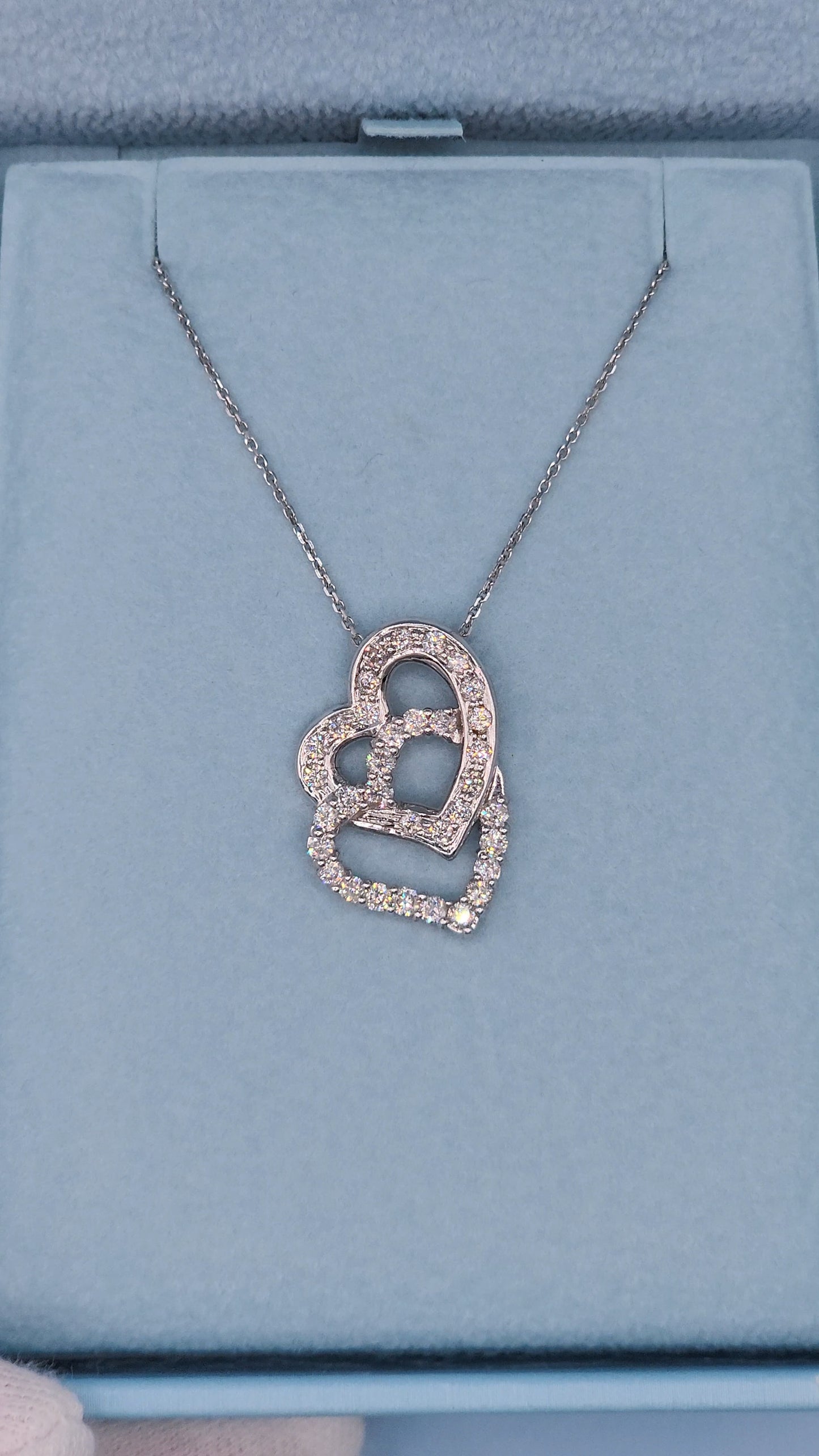 14k White Gold Double Open Interlocked Heart Pendant with Hidden Bail & 1 Carat t.w. Diamonds on 18" Diamond-Cut Cable Chain