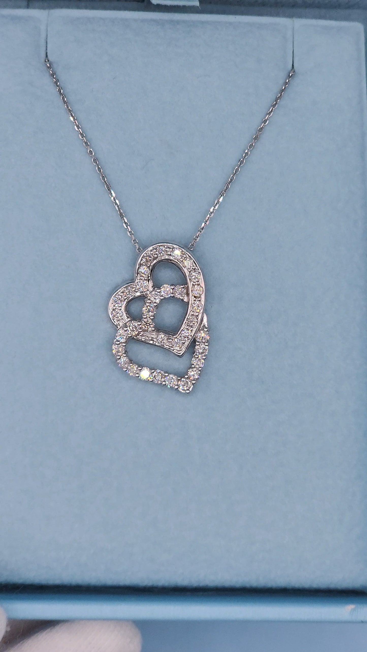 14k White Gold Double Open Interlocked Heart Pendant with Hidden Bail & 1 Carat t.w. Diamonds on 18" Diamond-Cut Cable Chain