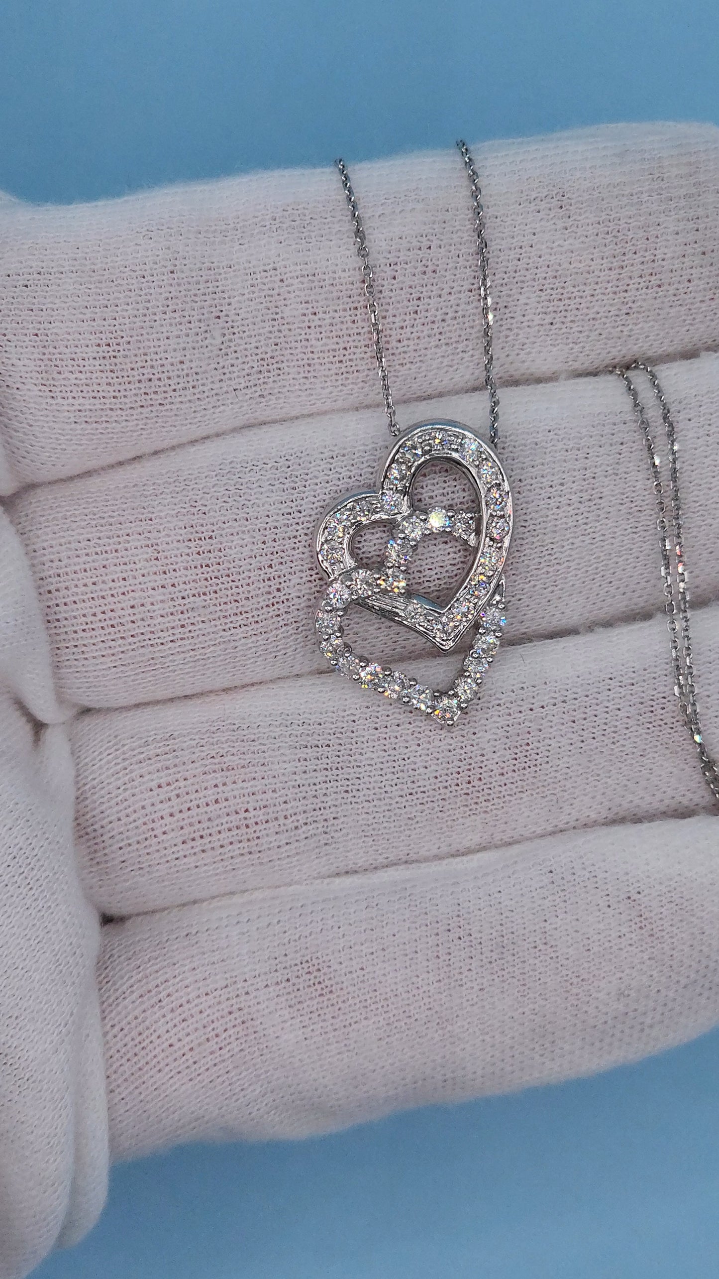 14k White Gold Double Open Interlocked Heart Pendant with Hidden Bail & 1 Carat t.w. Diamonds on 18" Diamond-Cut Cable Chain