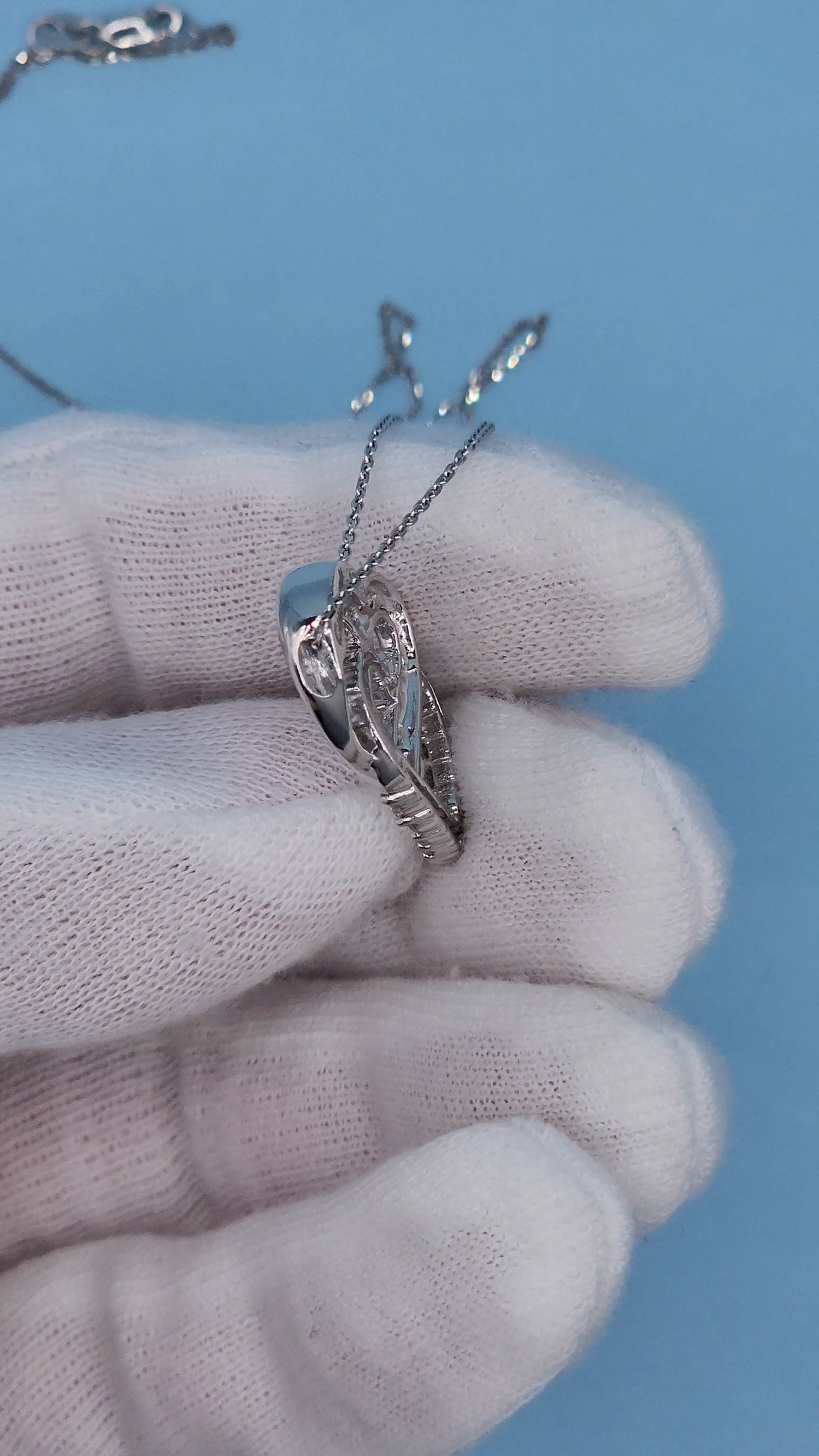 14k White Gold Double Open Interlocked Heart Pendant with Hidden Bail & 1 Carat t.w. Diamonds on 18" Diamond-Cut Cable Chain