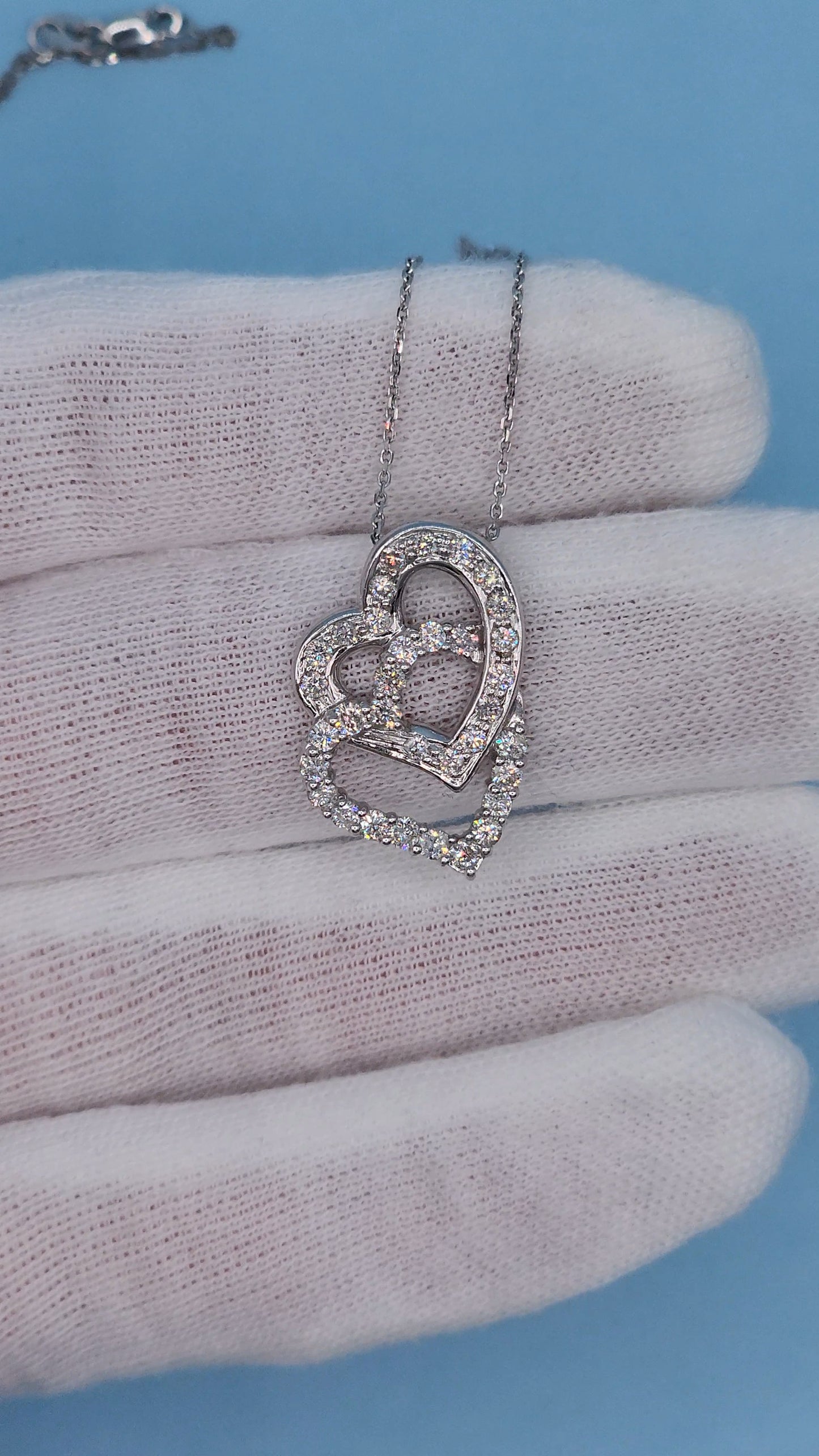 14k White Gold Double Open Interlocked Heart Pendant with Hidden Bail & 1 Carat t.w. Diamonds on 18" Diamond-Cut Cable Chain