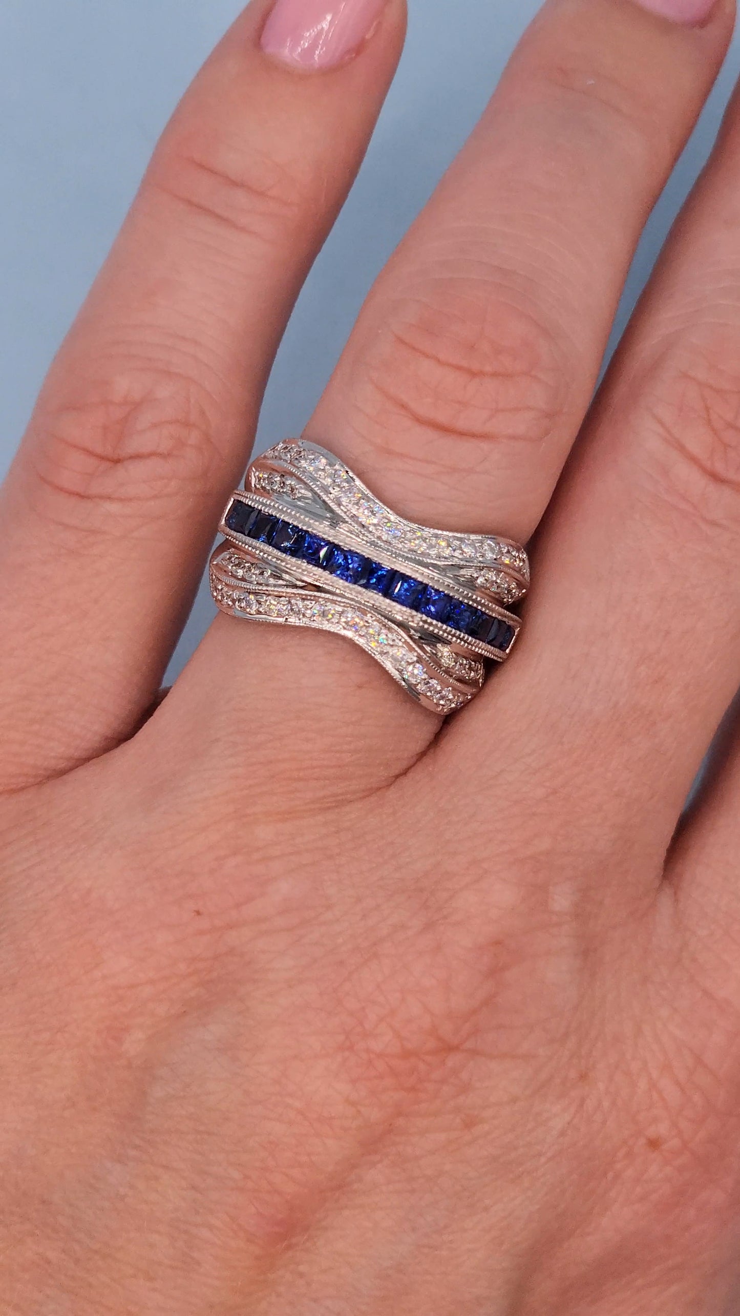 14k White Gold Wide Wave Band Ring with 1.30 Carat Princess Cut Sapphires & 0.50 Carat Round Diamonds