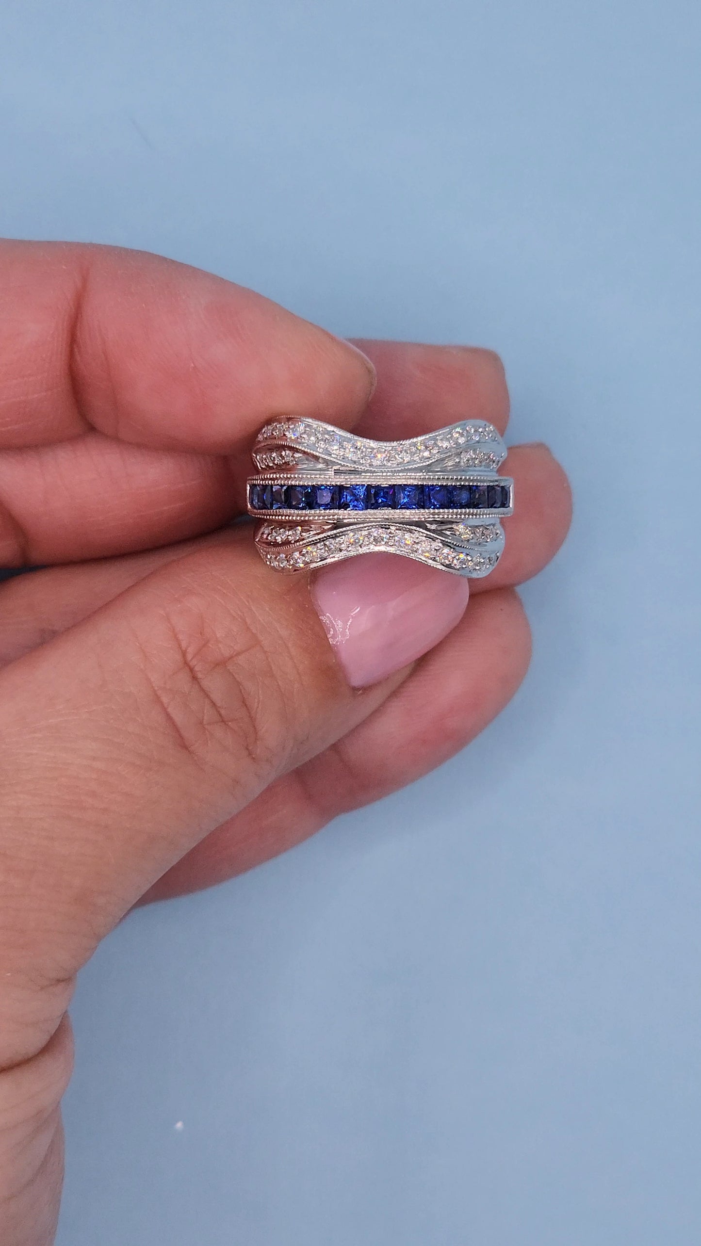 14k White Gold Wide Wave Band Ring with 1.30 Carat Princess Cut Sapphires & 0.50 Carat Round Diamonds