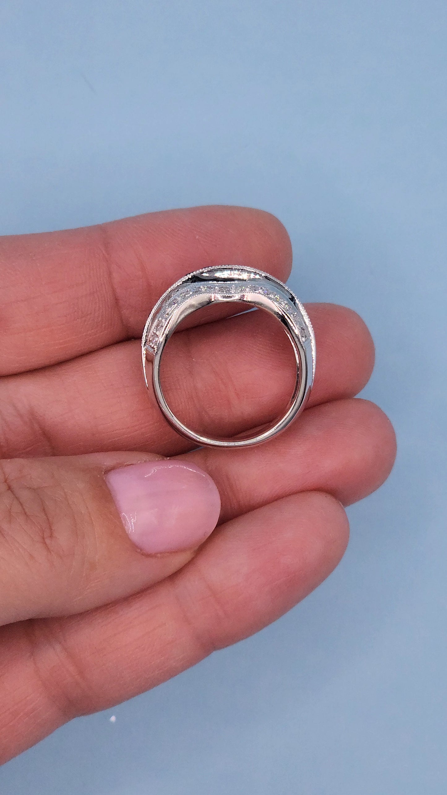 14k White Gold Wide Wave Band Ring with 1.30 Carat Princess Cut Sapphires & 0.50 Carat Round Diamonds