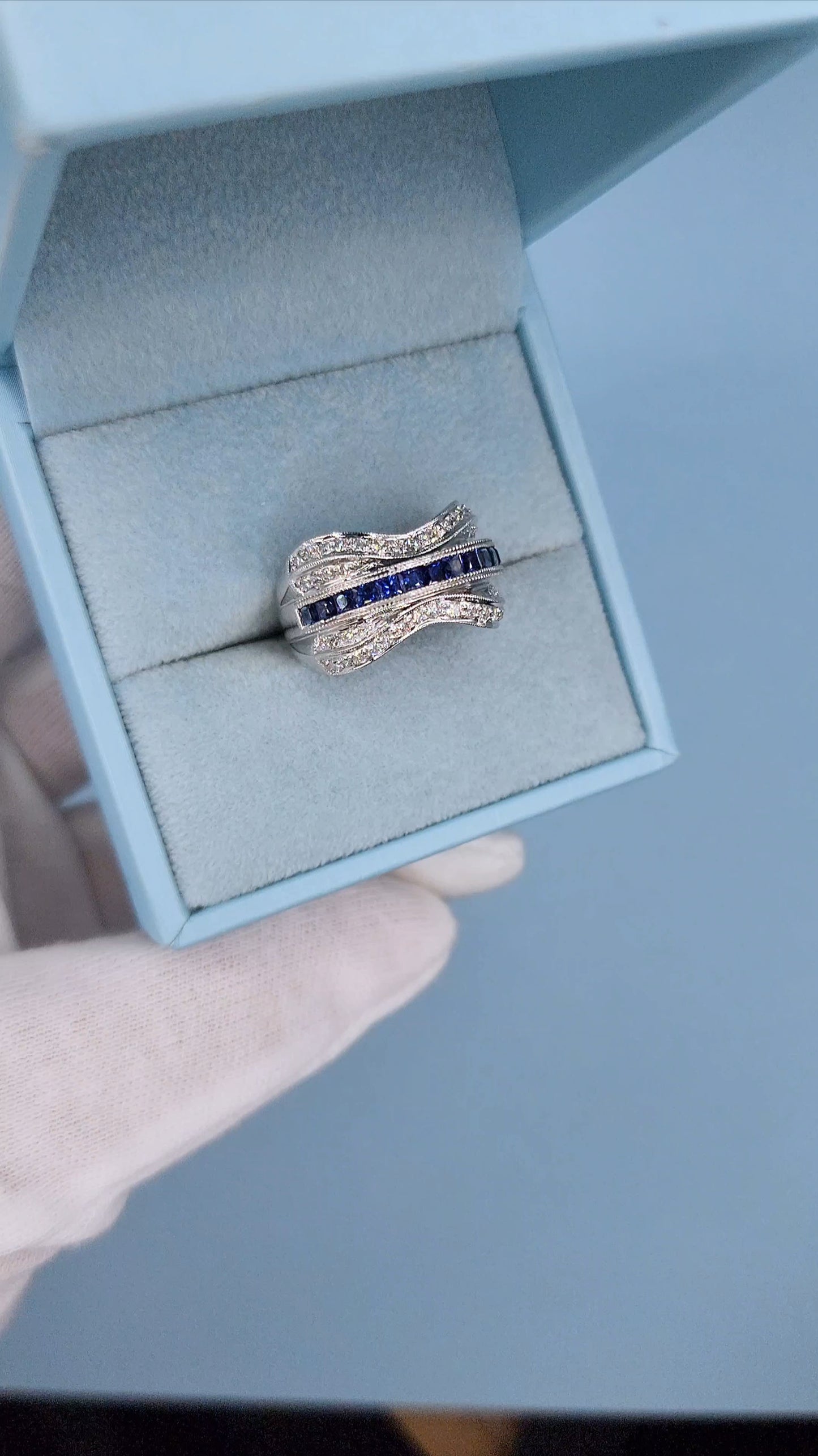 14k White Gold Wide Wave Band Ring with 1.30 Carat Princess Cut Sapphires & 0.50 Carat Round Diamonds