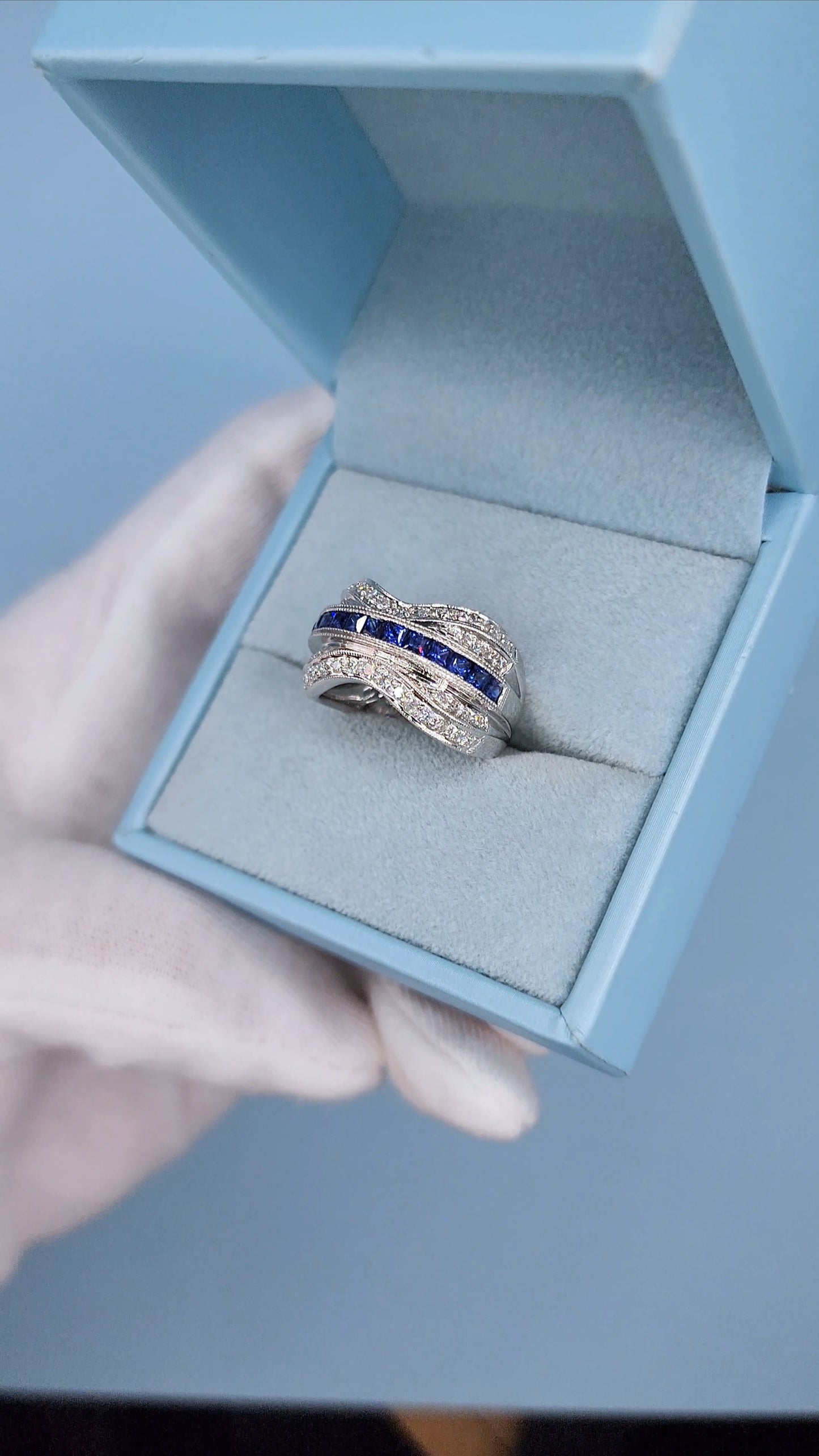 14k White Gold Wide Wave Band Ring with 1.30 Carat Princess Cut Sapphires & 0.50 Carat Round Diamonds