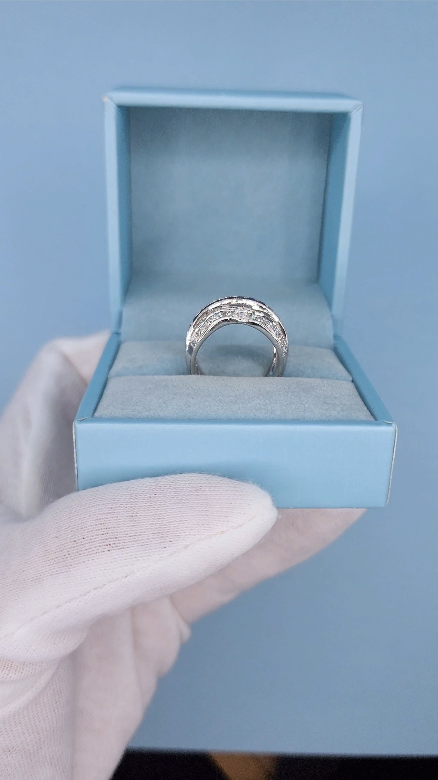 14k White Gold Wide Wave Band Ring with 1.30 Carat Princess Cut Sapphires & 0.50 Carat Round Diamonds