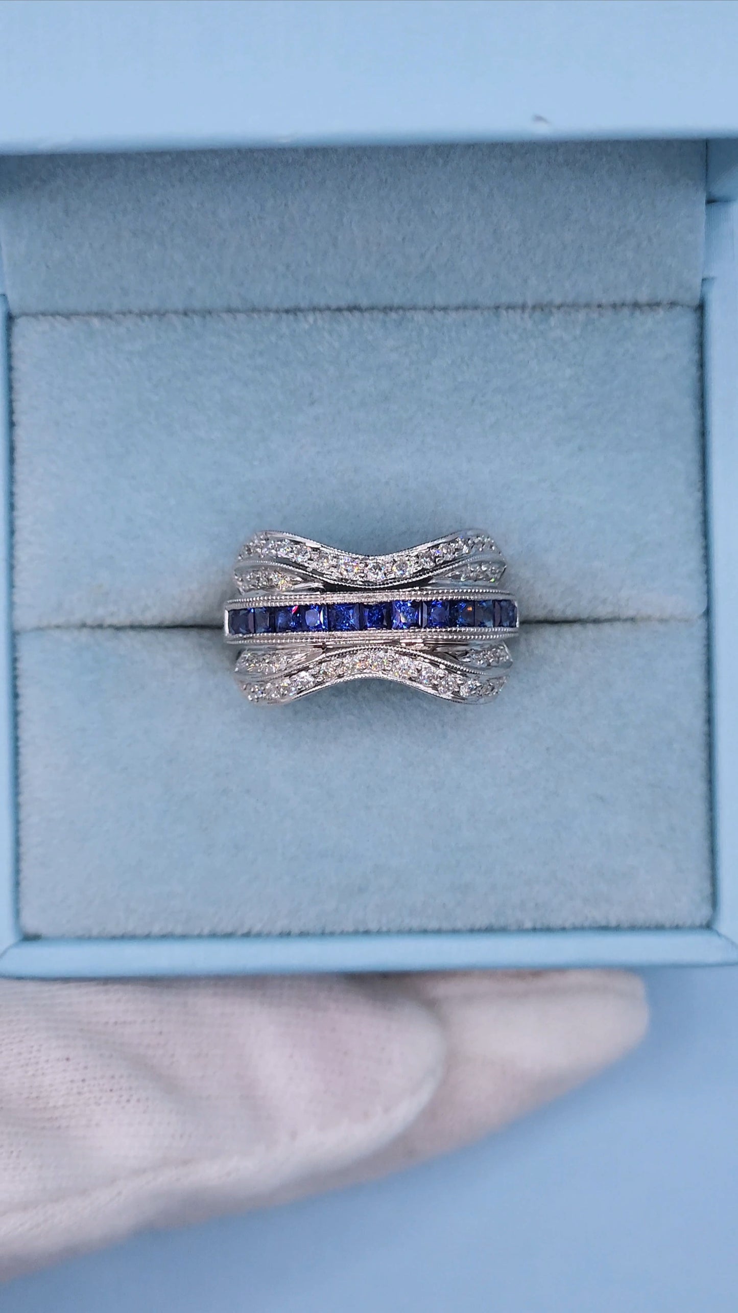 14k White Gold Wide Wave Band Ring with 1.30 Carat Princess Cut Sapphires & 0.50 Carat Round Diamonds