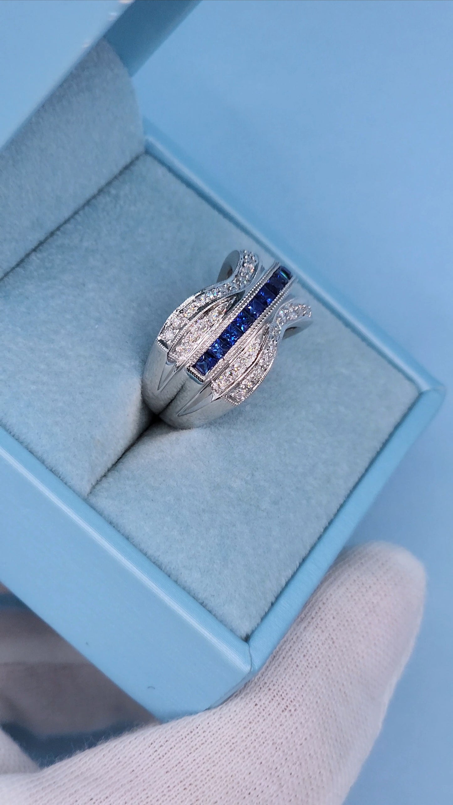 14k White Gold Wide Wave Band Ring with 1.30 Carat Princess Cut Sapphires & 0.50 Carat Round Diamonds