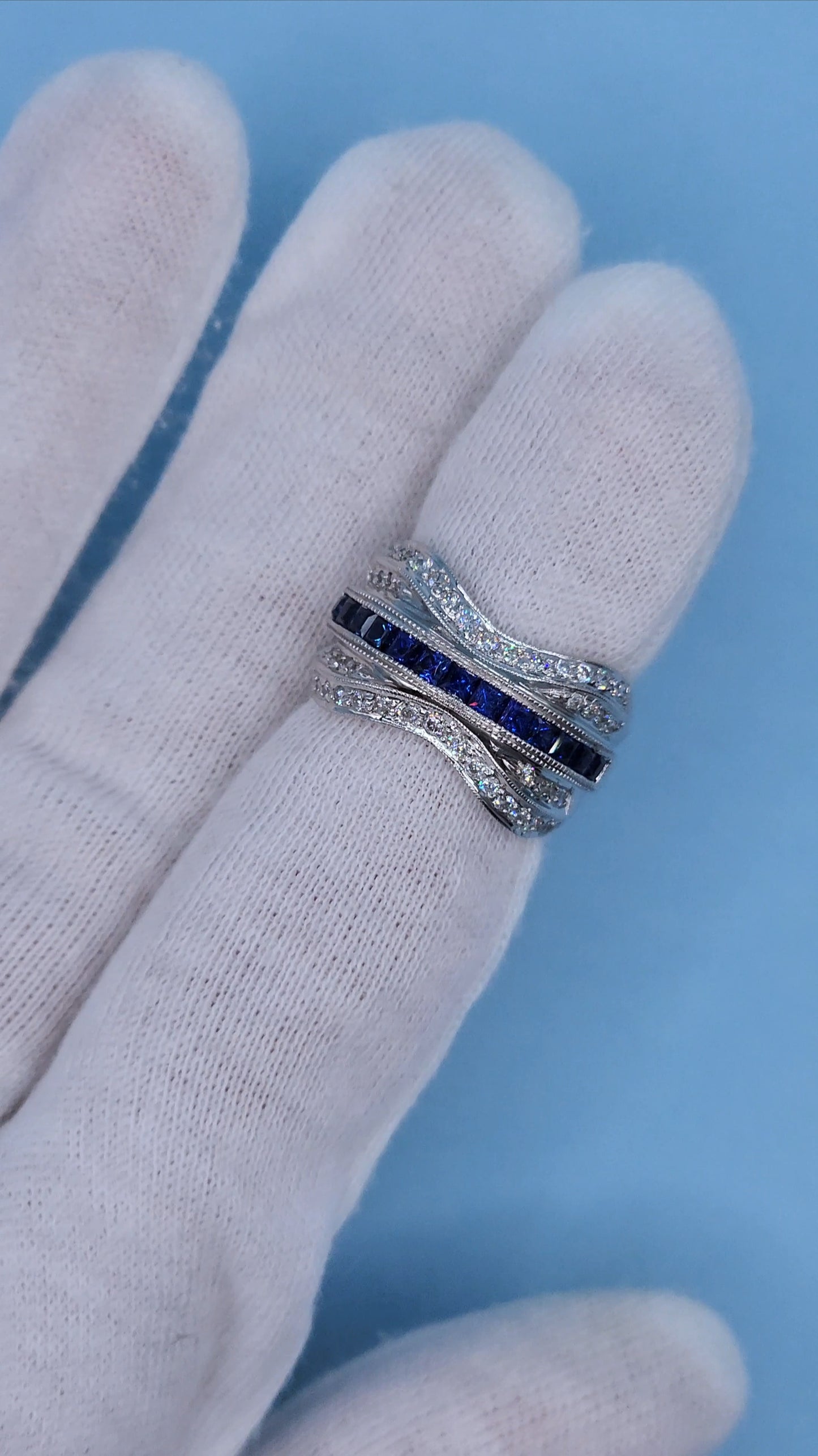 14k White Gold Wide Wave Band Ring with 1.30 Carat Princess Cut Sapphires & 0.50 Carat Round Diamonds