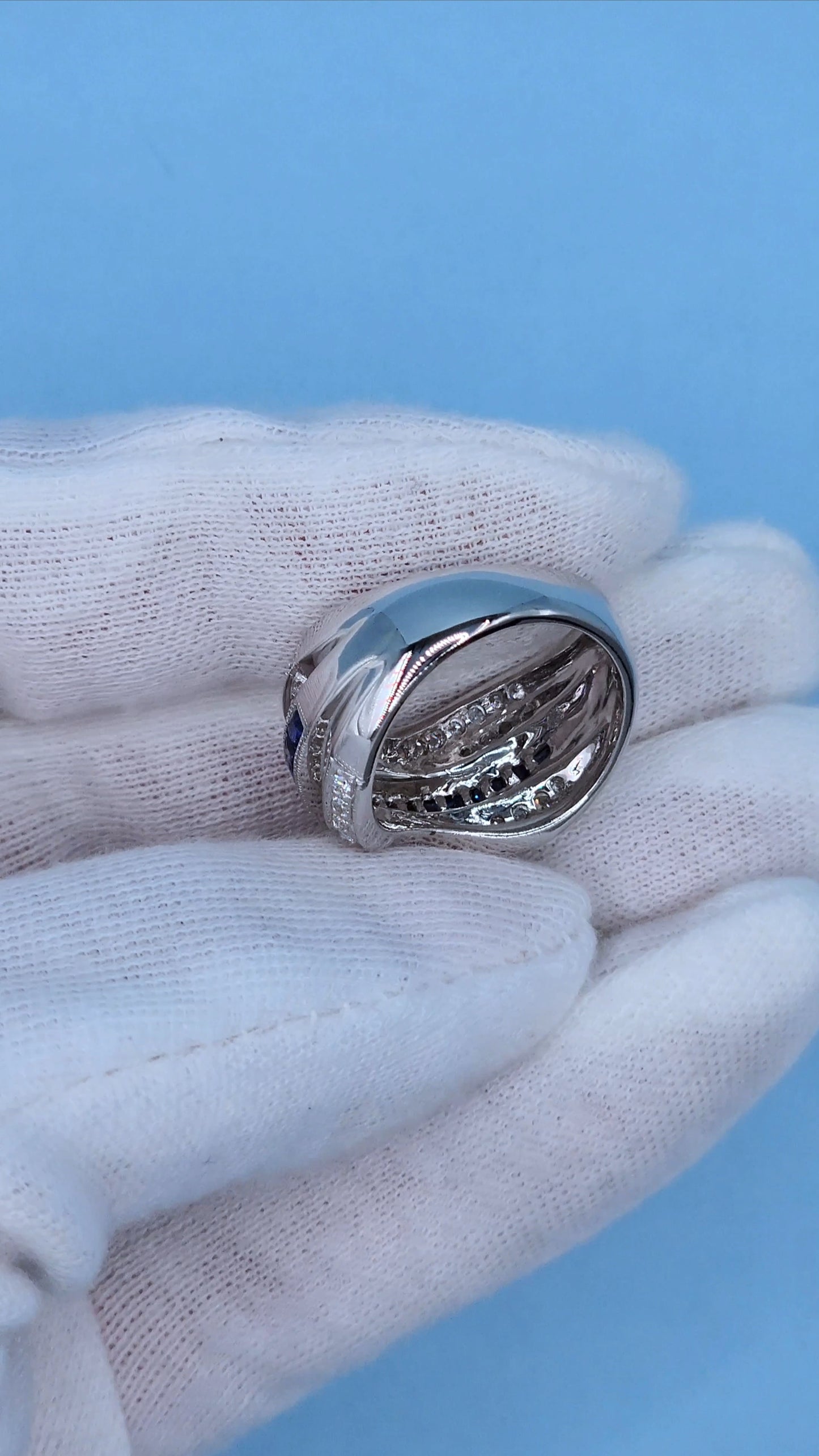 14k White Gold Wide Wave Band Ring with 1.30 Carat Princess Cut Sapphires & 0.50 Carat Round Diamonds