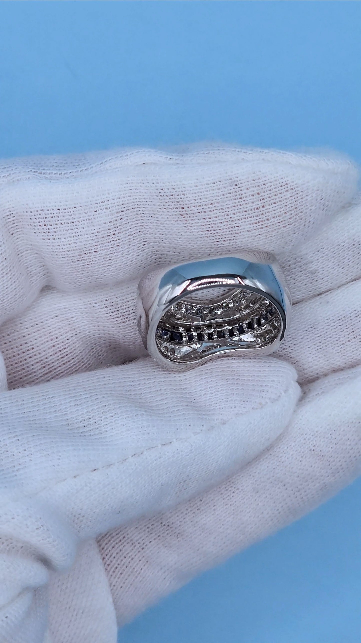 14k White Gold Wide Wave Band Ring with 1.30 Carat Princess Cut Sapphires & 0.50 Carat Round Diamonds