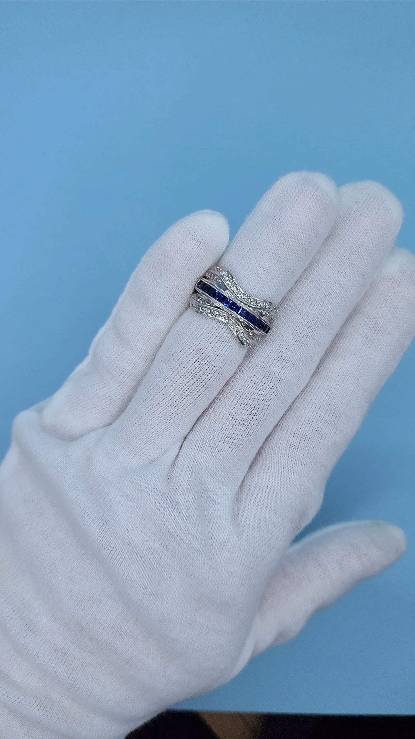 14k White Gold Wide Wave Band Ring with 1.30 Carat Princess Cut Sapphires & 0.50 Carat Round Diamonds