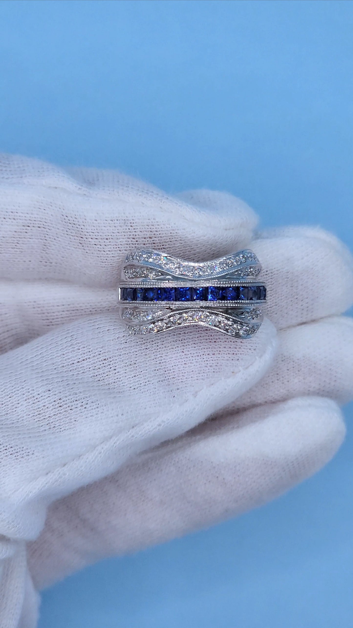 14k White Gold Wide Wave Band Ring with 1.30 Carat Princess Cut Sapphires & 0.50 Carat Round Diamonds