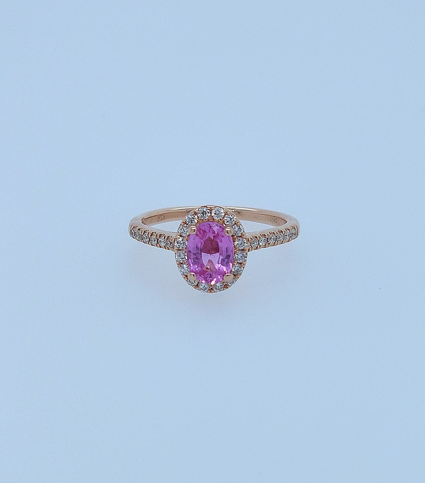 14k Rose Gold Pink Sapphire Halo Ring – Oval Cut 0.94 Carat September Birthstone Ring with Diamonds, Alternative Engagement Ring