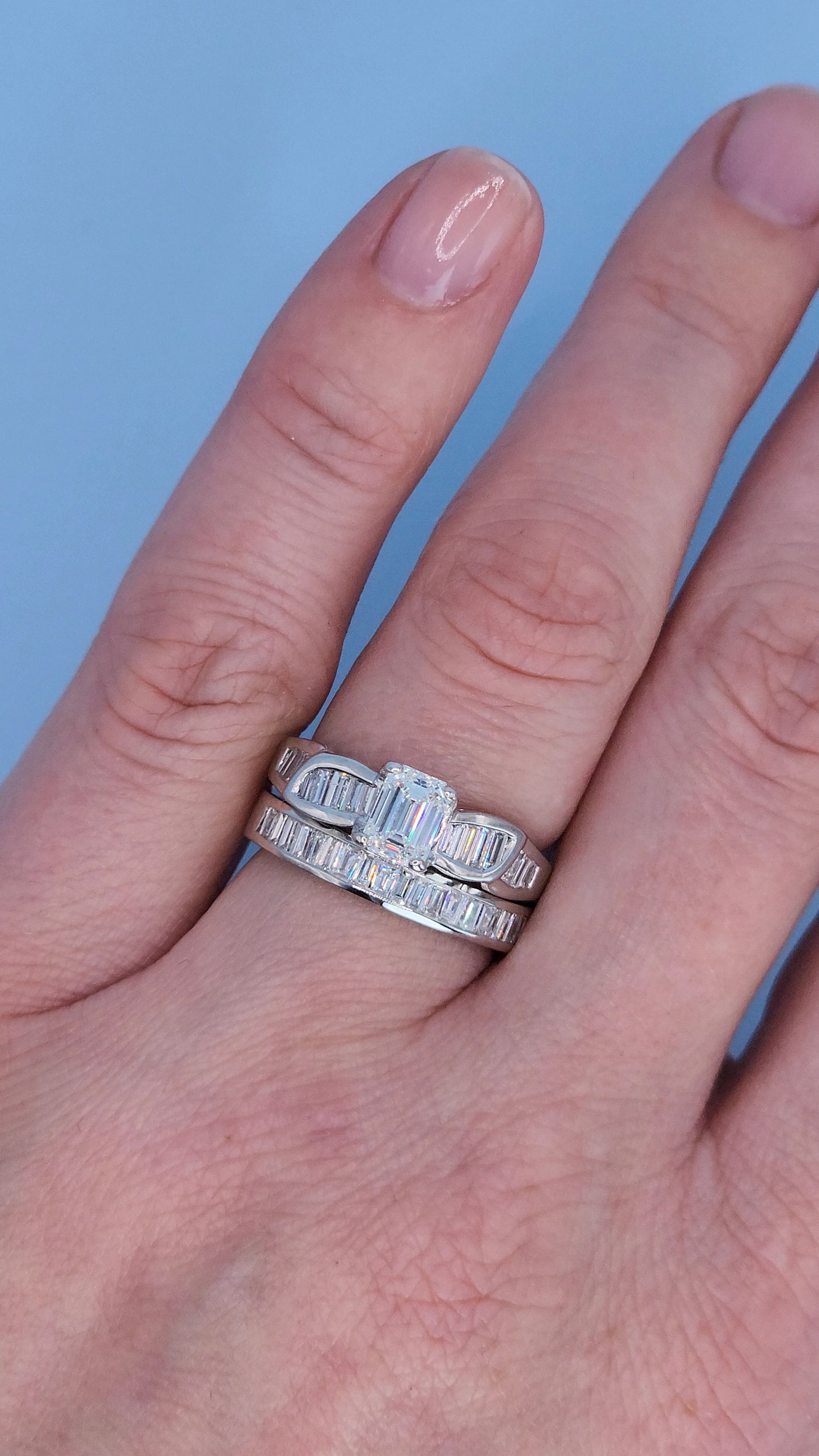 14k White Gold Engagement Ring & Wedding Band Set – 1.66 CTW Emerald Cut & Baguette Diamonds, GIA Certified