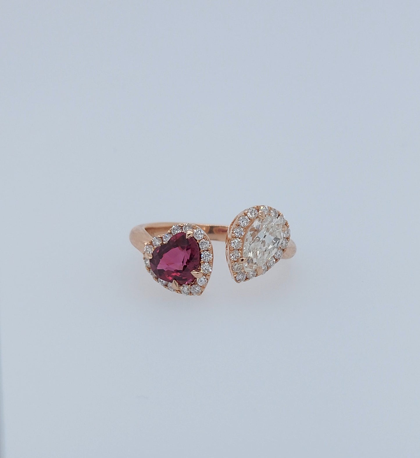 14k Rose Gold Toi et Moi Ring with Pear Diamond and Heart Red Spinel, Halo Design, Natural Diamonds, Unique Engagement or Gift Ring