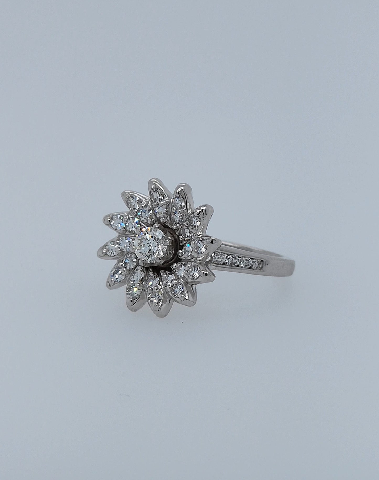 14k White Gold Diamond Flower Ring – Vintage-Inspired Floral Cocktail Ring with 1.30 Carat Approx. Diamonds, High-Set Bloom Design