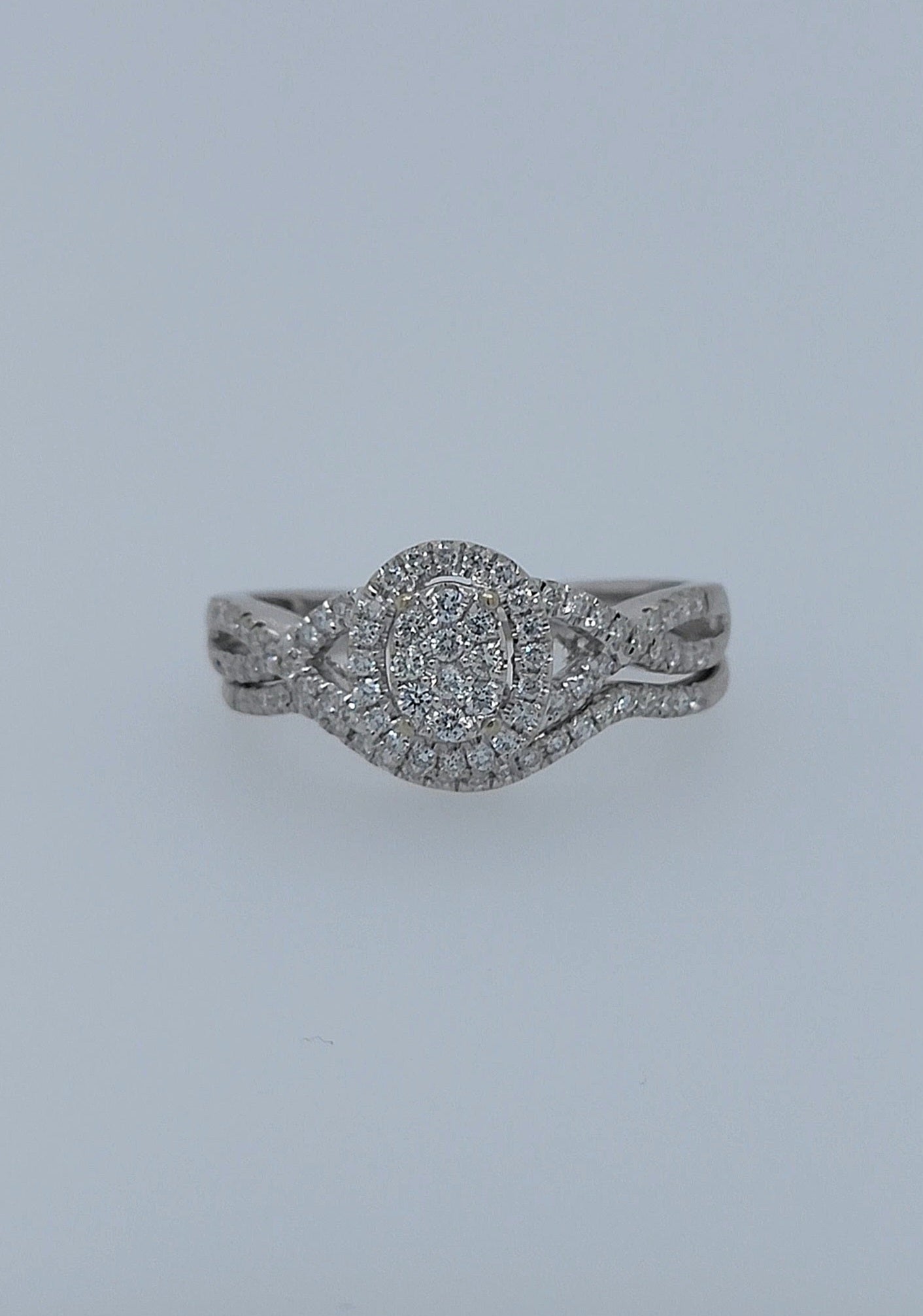 14k White Gold Engagement Ring Set | Oval Cluster with Halo & Infinity Band | 7/8ct Diamond Total Weight, Size 8