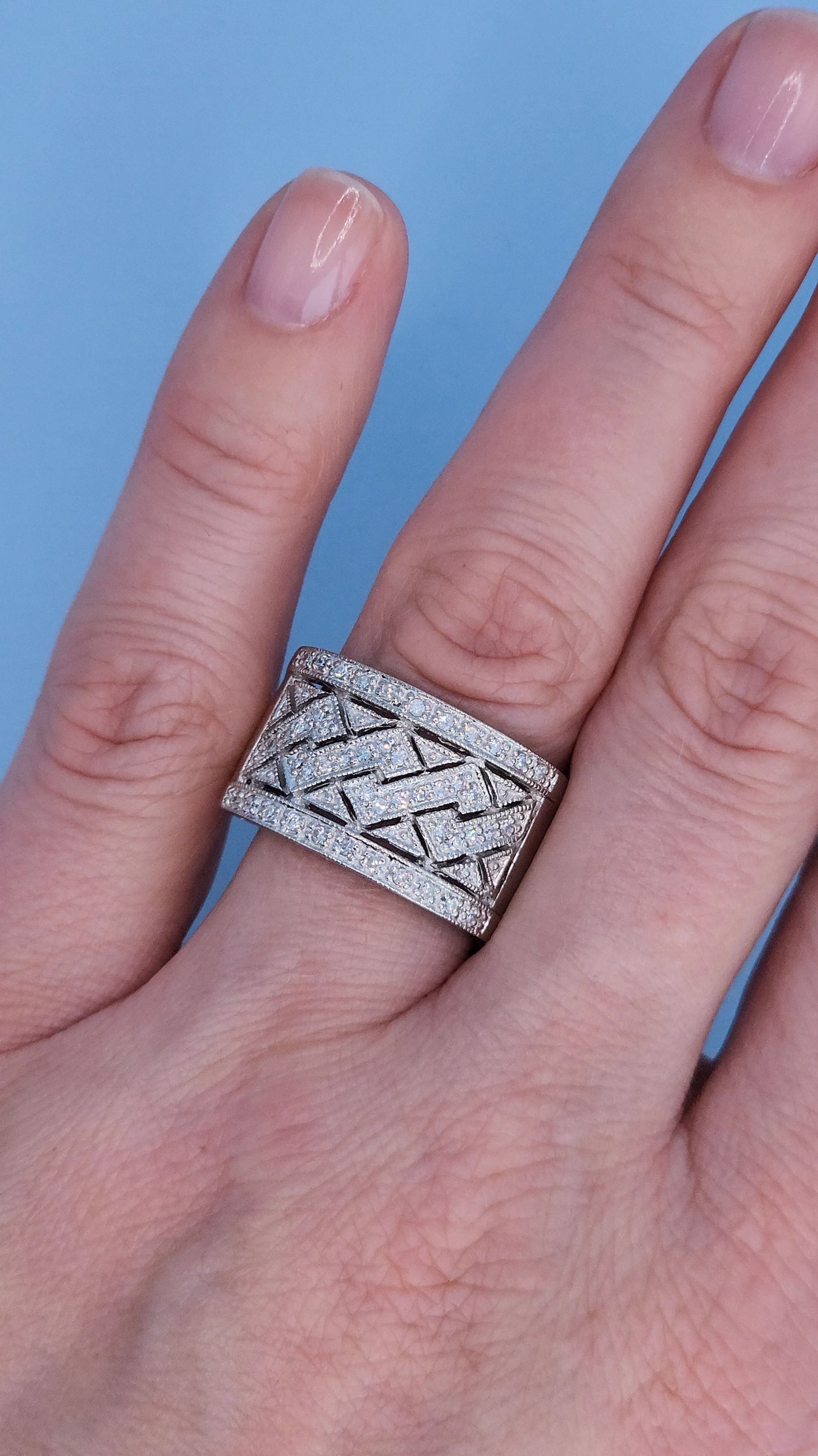 14k White Gold Wide Zigzag Band Ring with Natural Diamonds – 12.7mm Bold Design