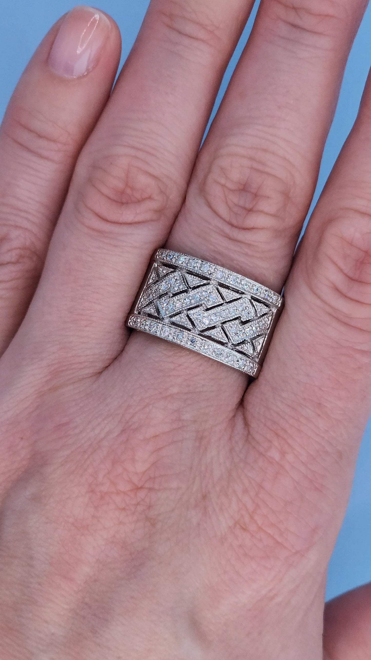 14k White Gold Wide Zigzag Band Ring with Natural Diamonds – 12.7mm Bold Design