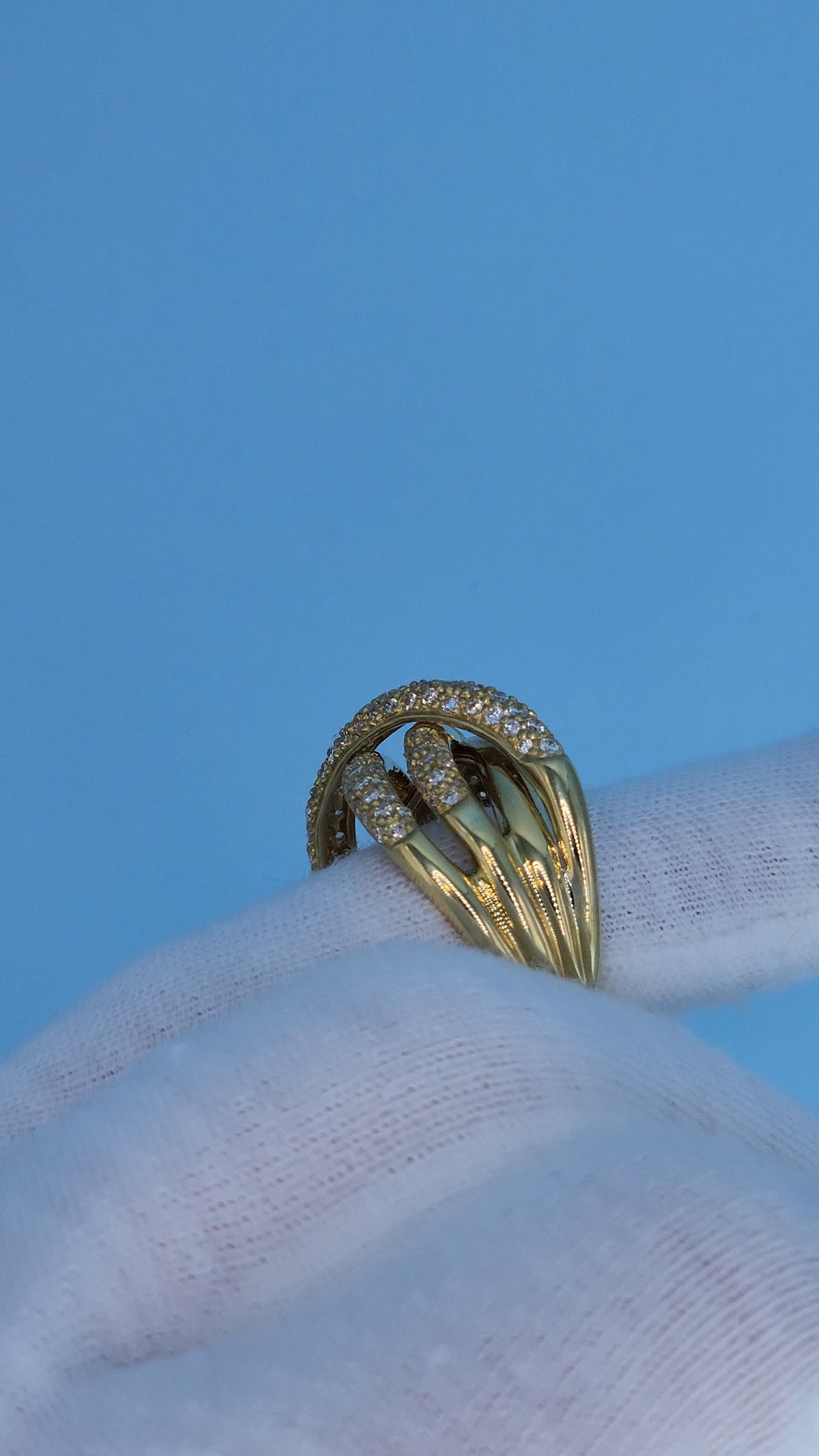 18k Yellow Gold Wide Crossover Pave Diamond Ring – Bold & Elegant Design