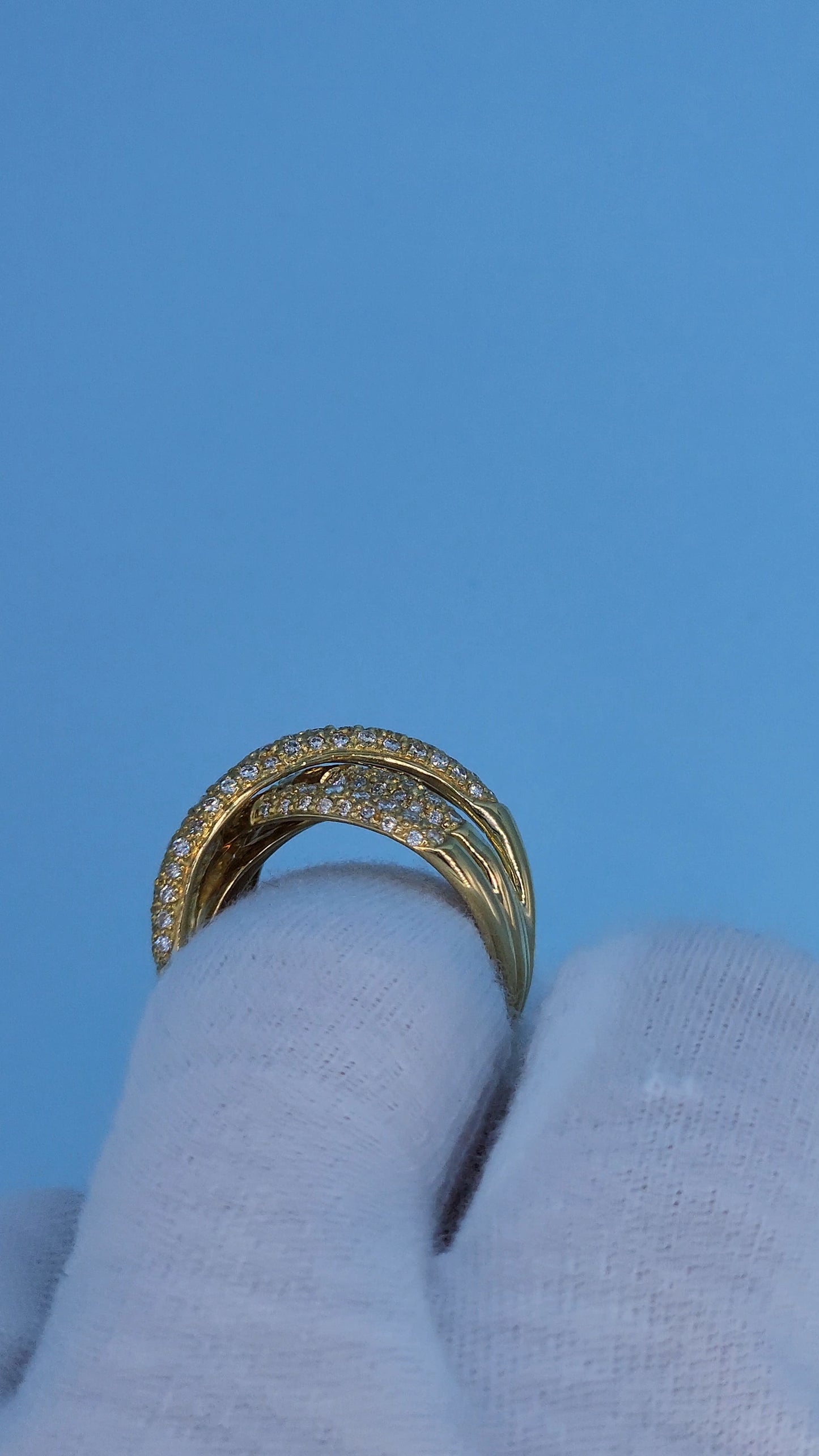 18k Yellow Gold Wide Crossover Pave Diamond Ring – Bold & Elegant Design