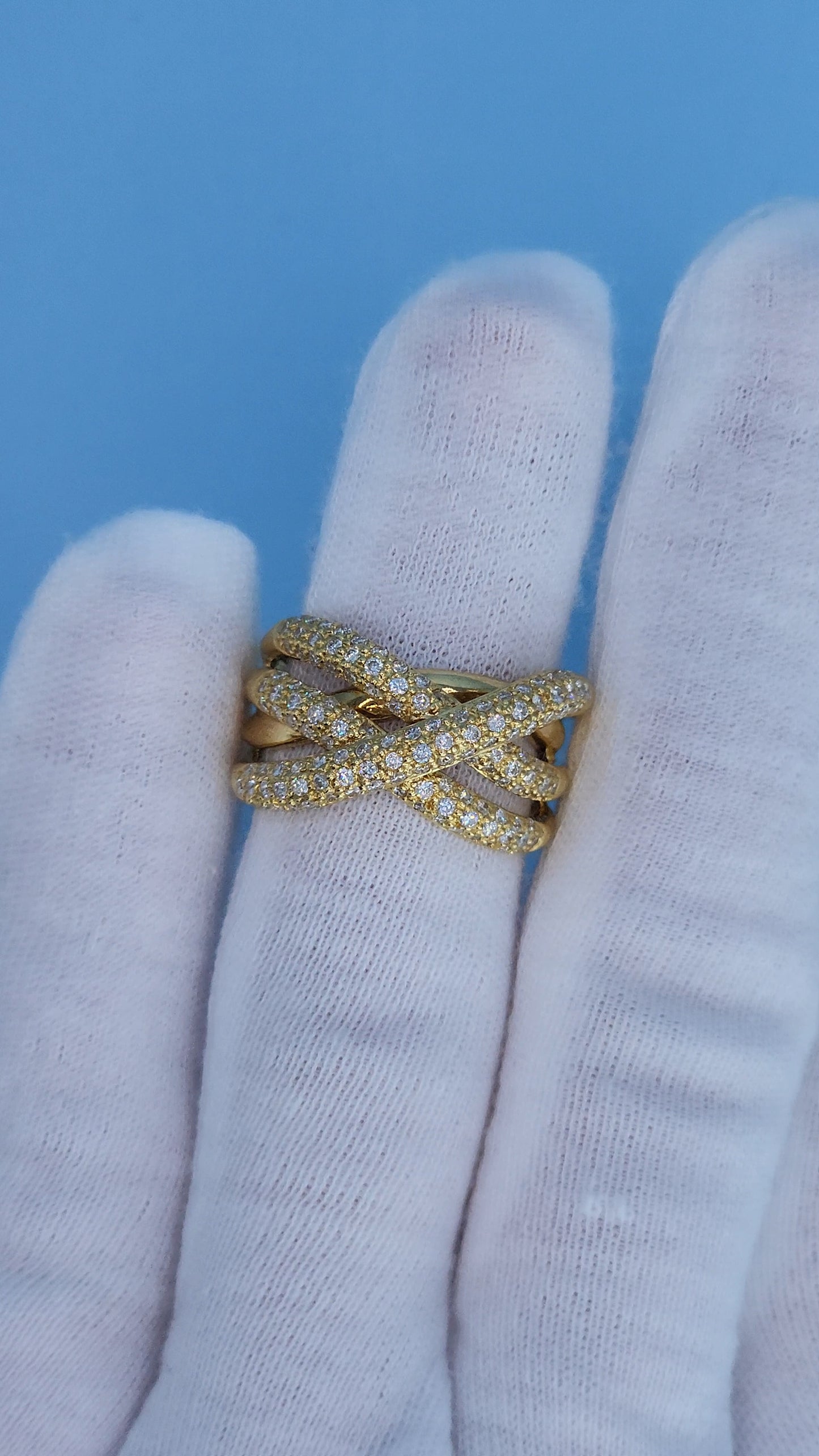 18k Yellow Gold Wide Crossover Pave Diamond Ring – Bold & Elegant Design