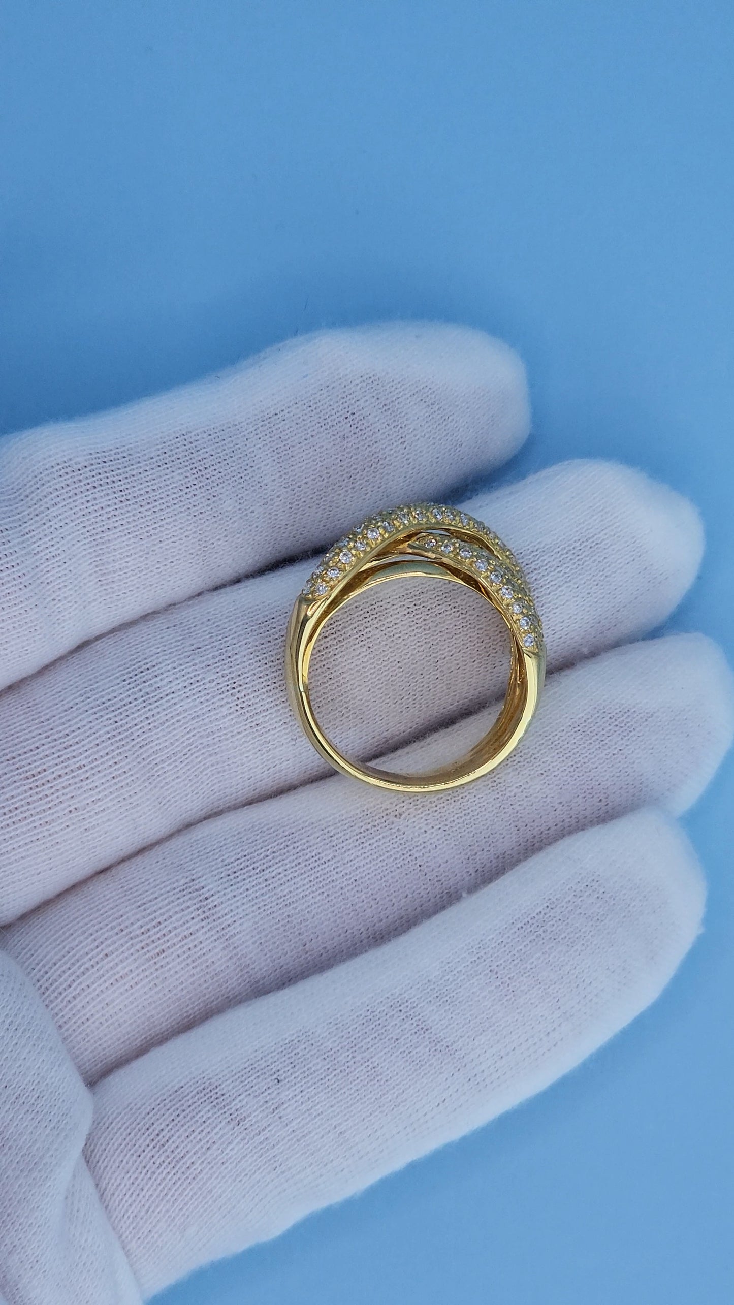 18k Yellow Gold Wide Crossover Pave Diamond Ring – Bold & Elegant Design