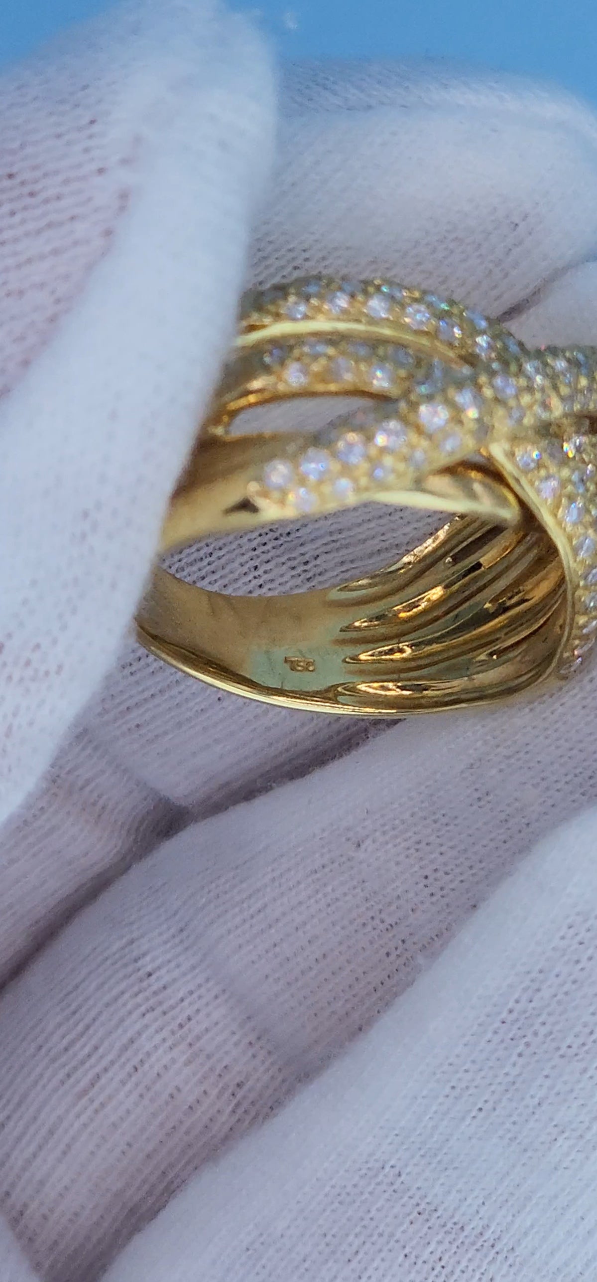 18k Yellow Gold Wide Crossover Pave Diamond Ring – Bold & Elegant Design