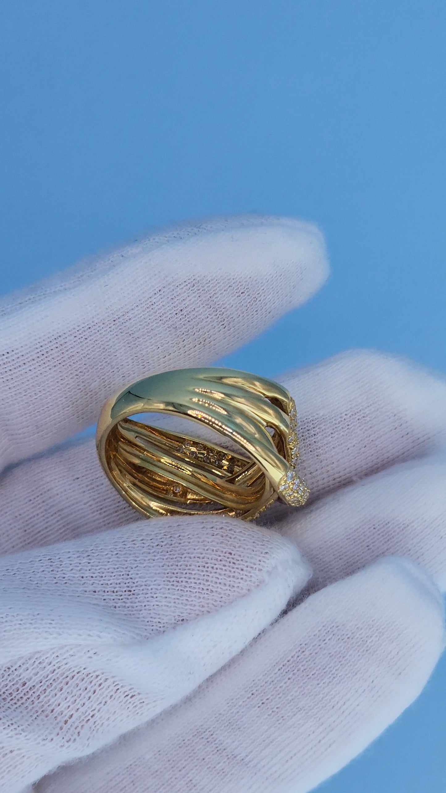 18k Yellow Gold Wide Crossover Pave Diamond Ring – Bold & Elegant Design