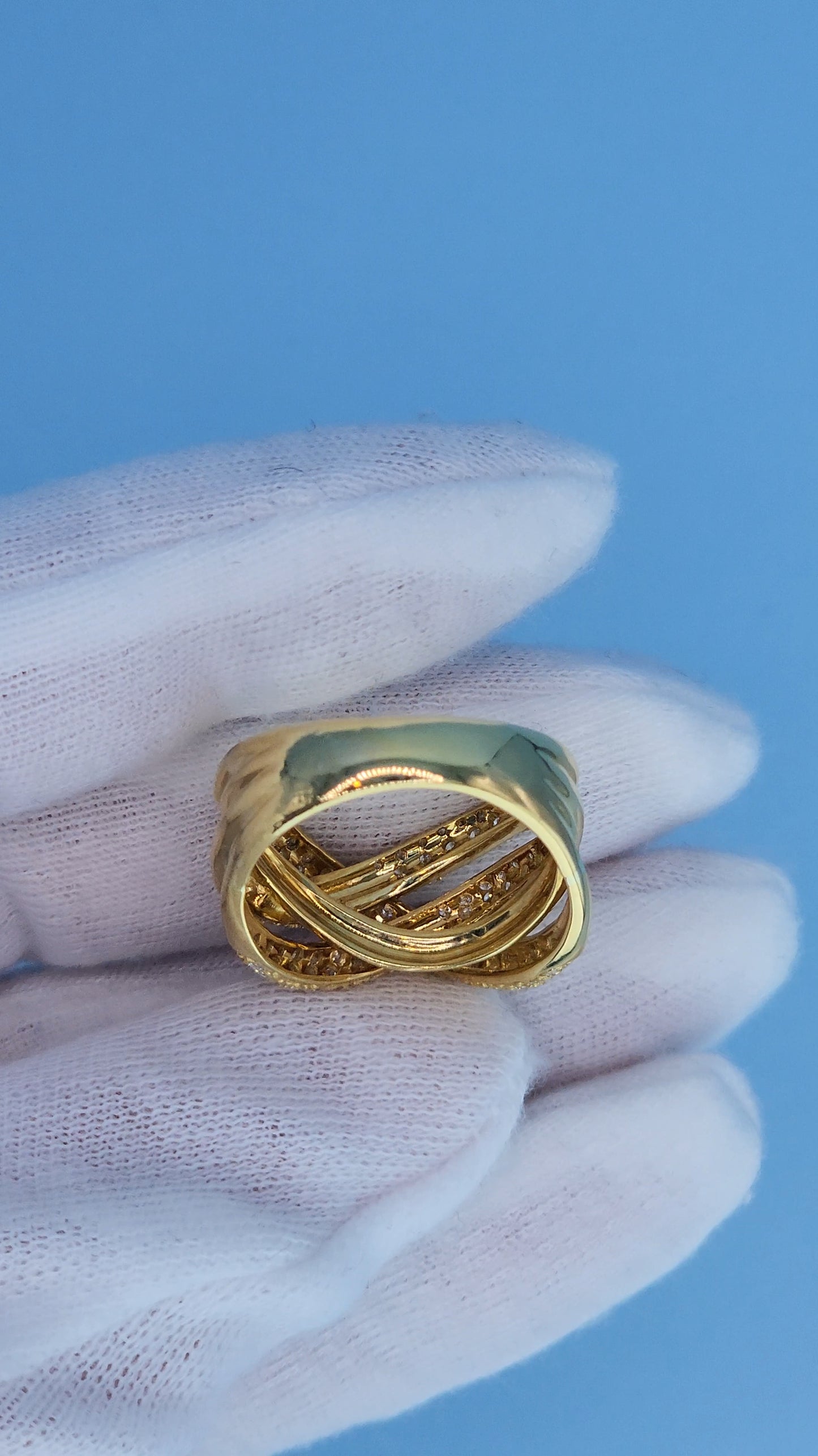 18k Yellow Gold Wide Crossover Pave Diamond Ring – Bold & Elegant Design