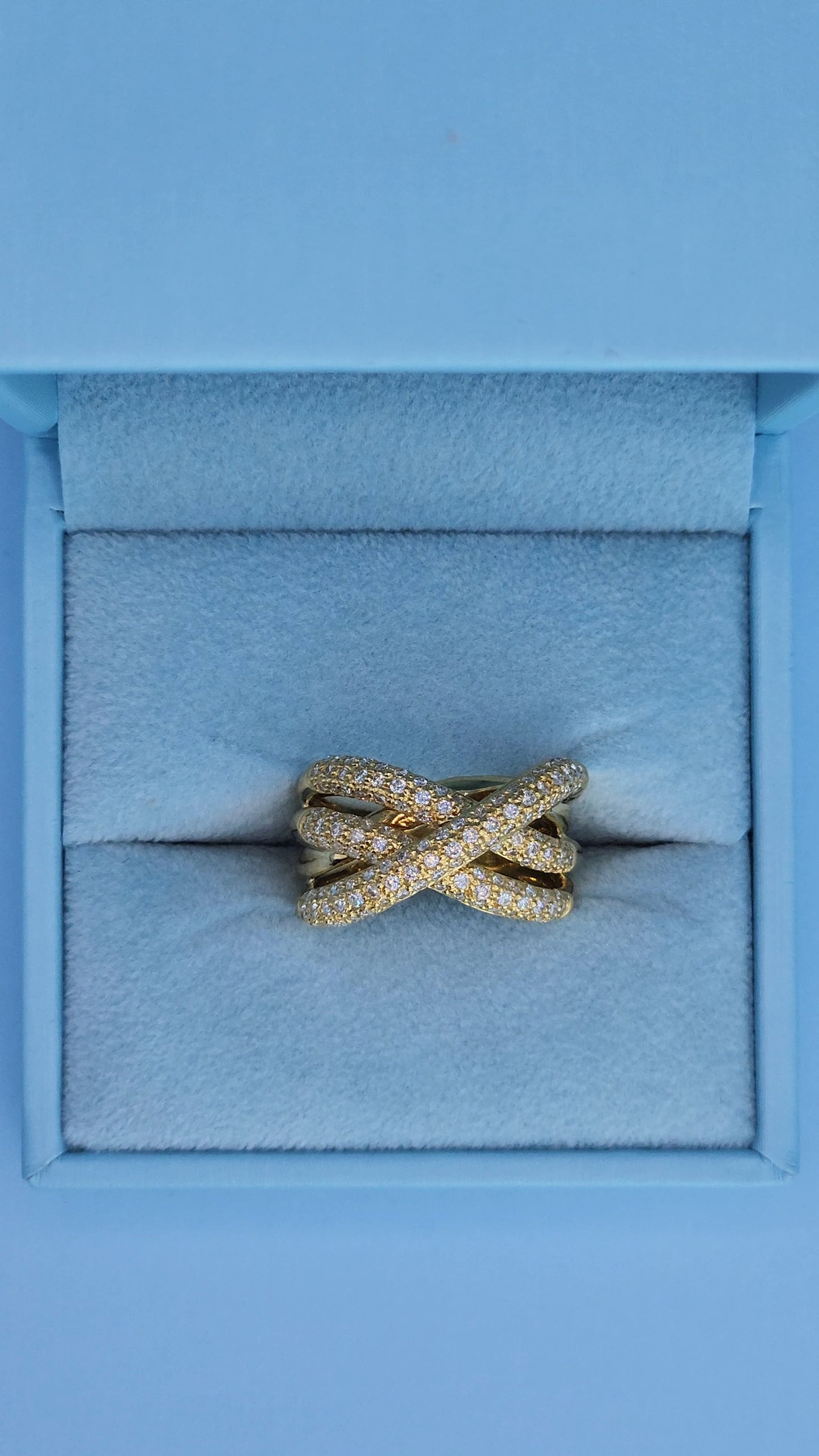 18k Yellow Gold Wide Crossover Pave Diamond Ring – Bold & Elegant Design