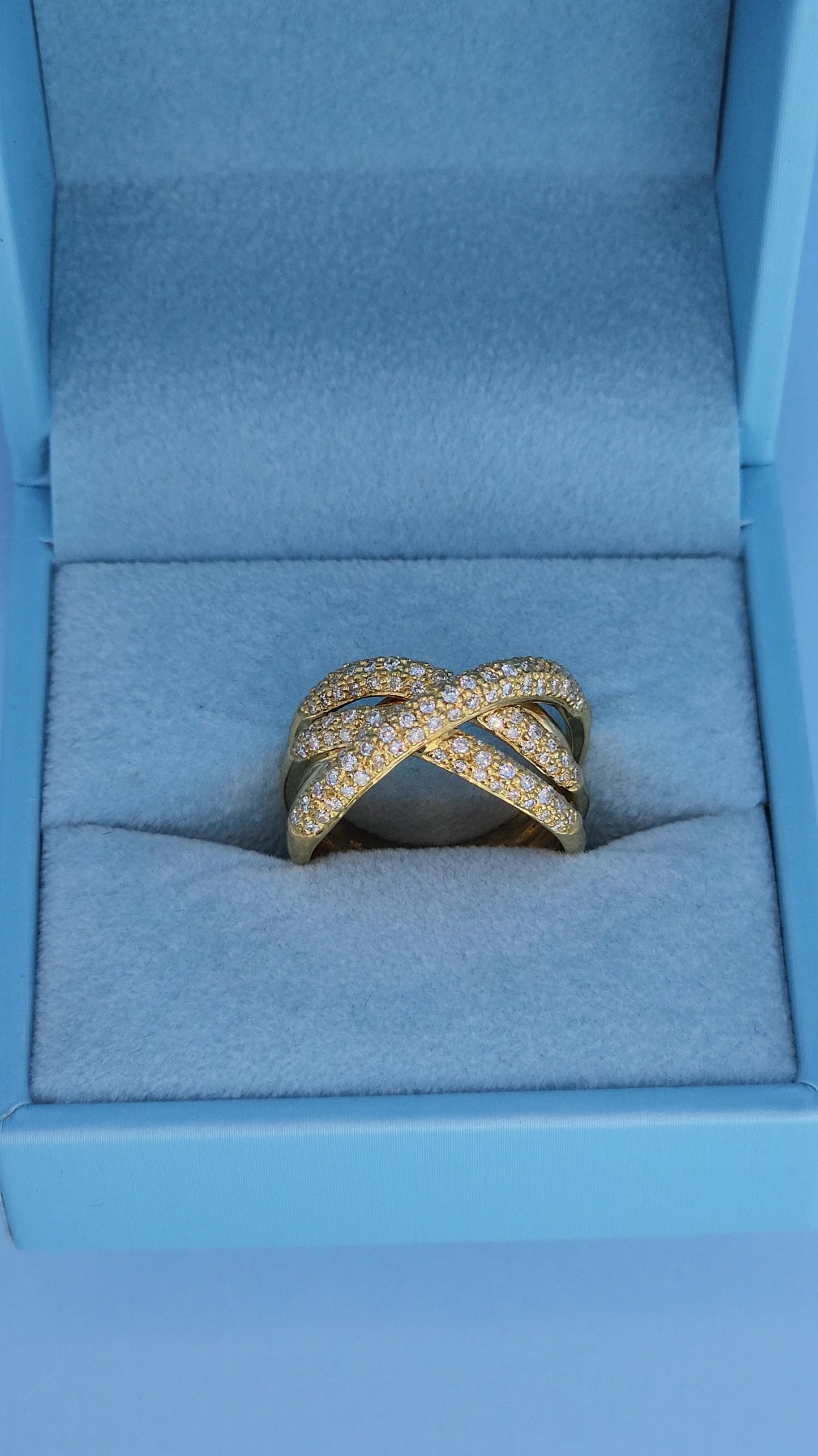 18k Yellow Gold Wide Crossover Pave Diamond Ring – Bold & Elegant Design