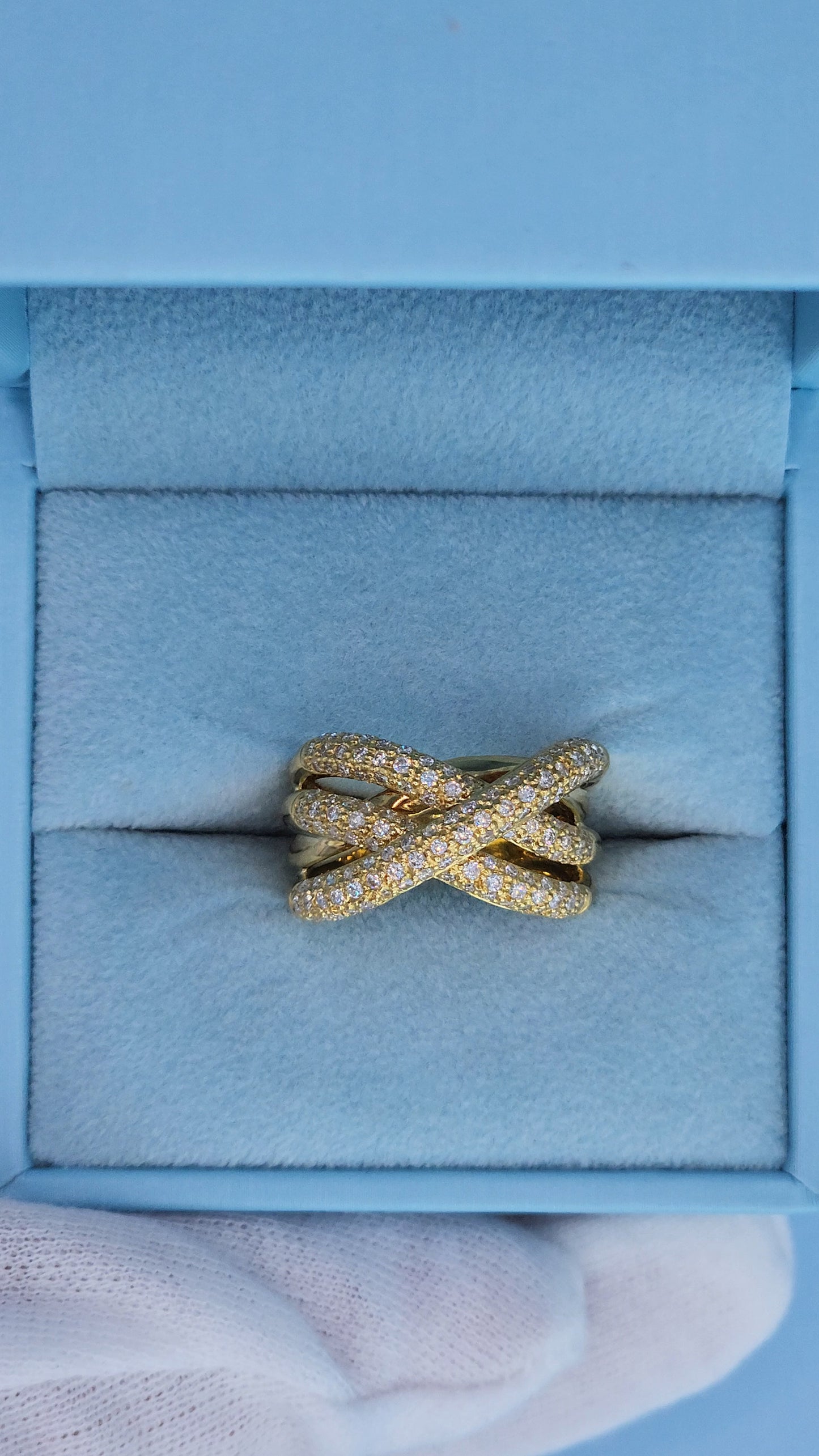 18k Yellow Gold Wide Crossover Pave Diamond Ring – Bold & Elegant Design