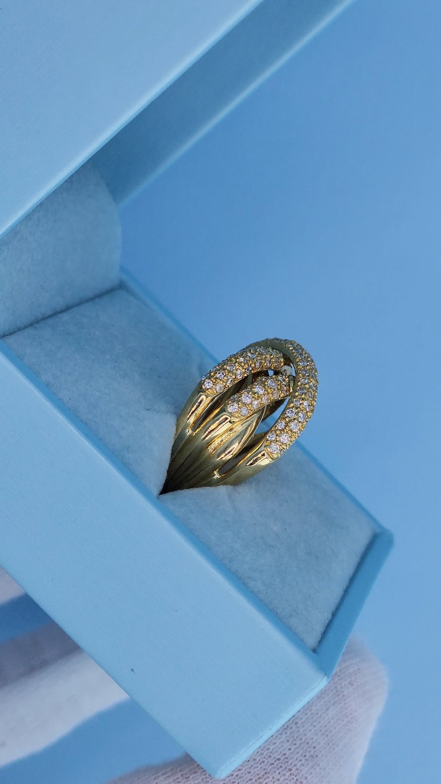 18k Yellow Gold Wide Crossover Pave Diamond Ring – Bold & Elegant Design