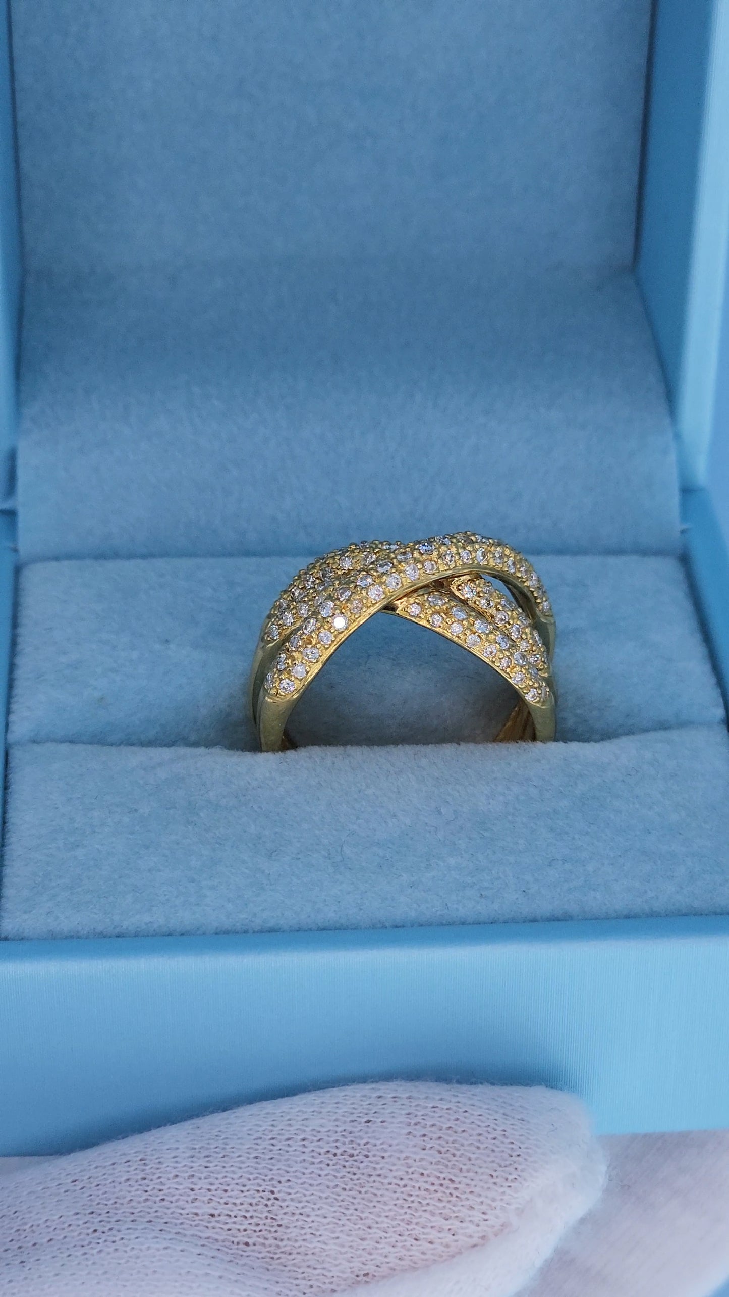 18k Yellow Gold Wide Crossover Pave Diamond Ring – Bold & Elegant Design