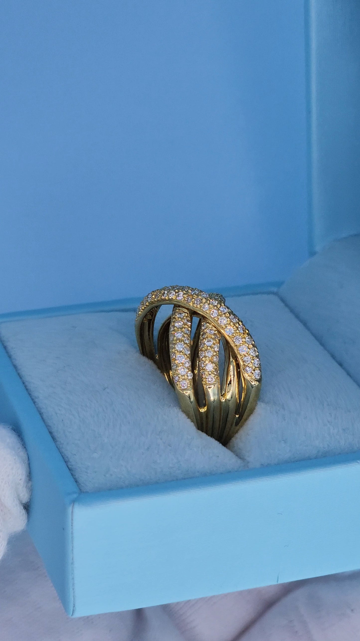 18k Yellow Gold Wide Crossover Pave Diamond Ring – Bold & Elegant Design